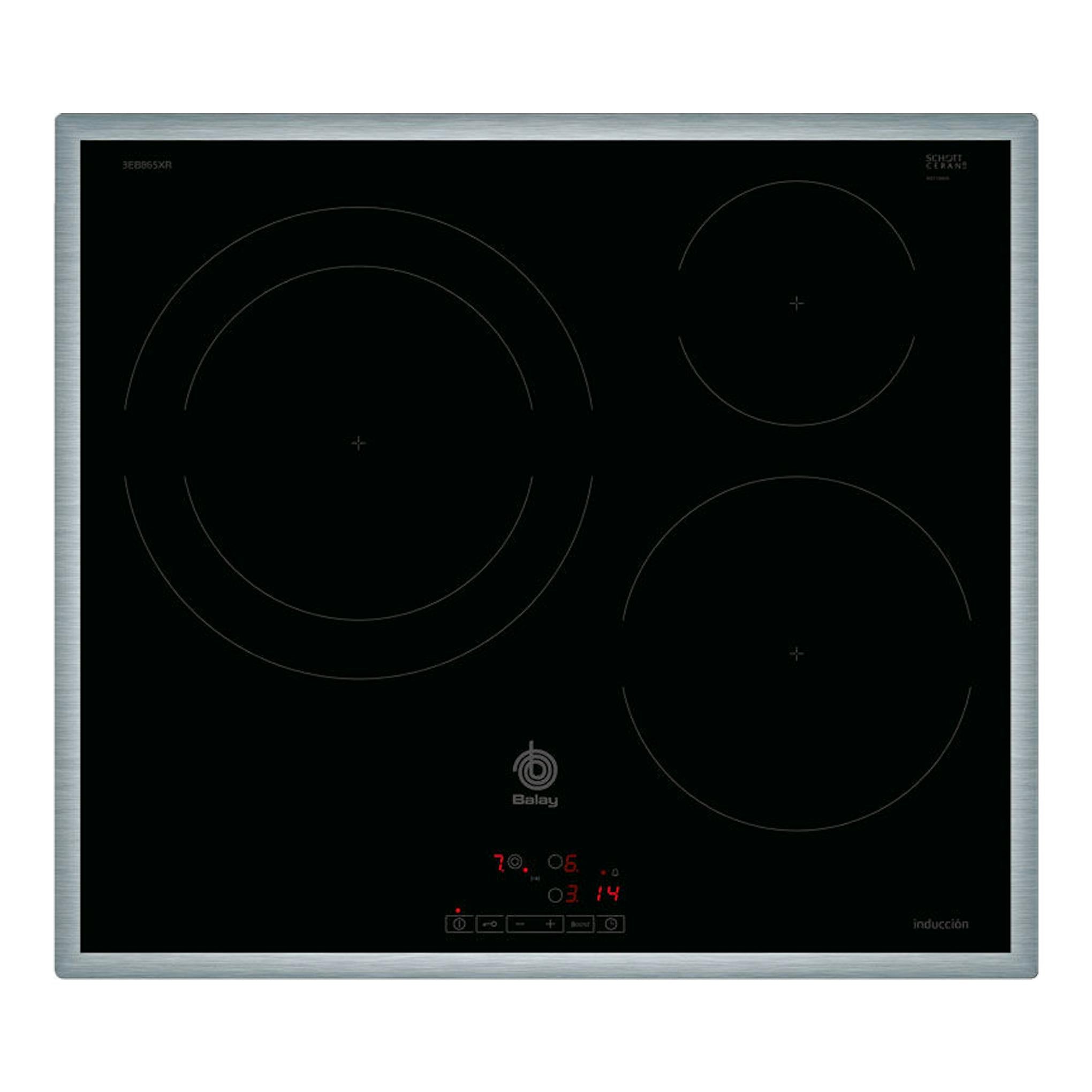 Placa de inducción Balay 3EB865XR, vista frontal, superficie negra con marco de acero inoxidable.