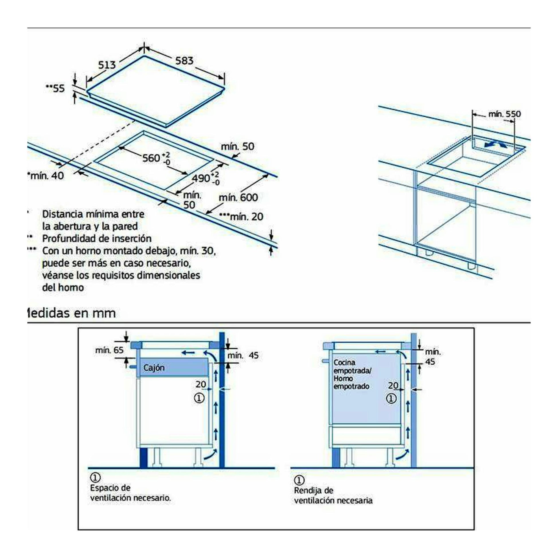 Balay 3EB865XR: diagrama técnico de medidas para placa de inducción 60 cm, vista superior e instalación.