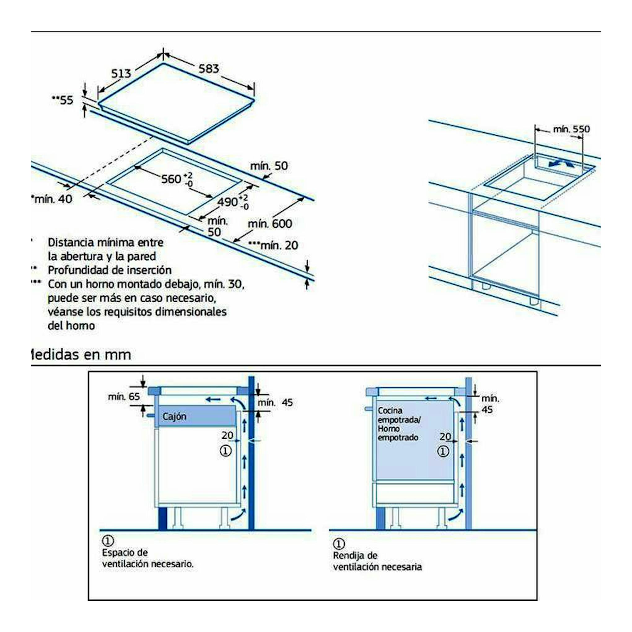 Balay 3EB865XR: diagrama técnico de medidas para placa de inducción 60 cm, vista superior e instalación.