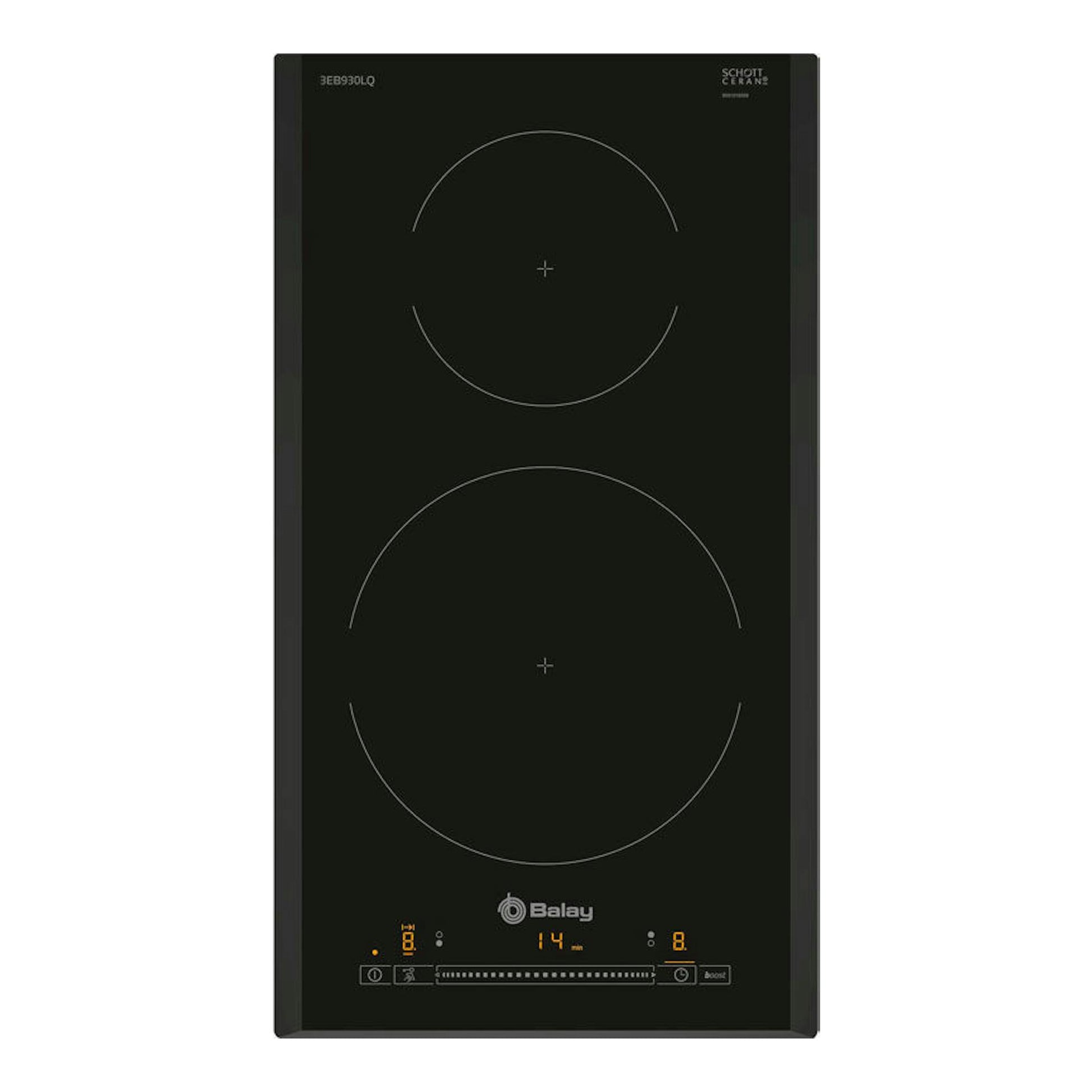 Placa de inducción Balay 3EB930LQ negra, vista frontal, con dos zonas circulares y panel táctil digital.
