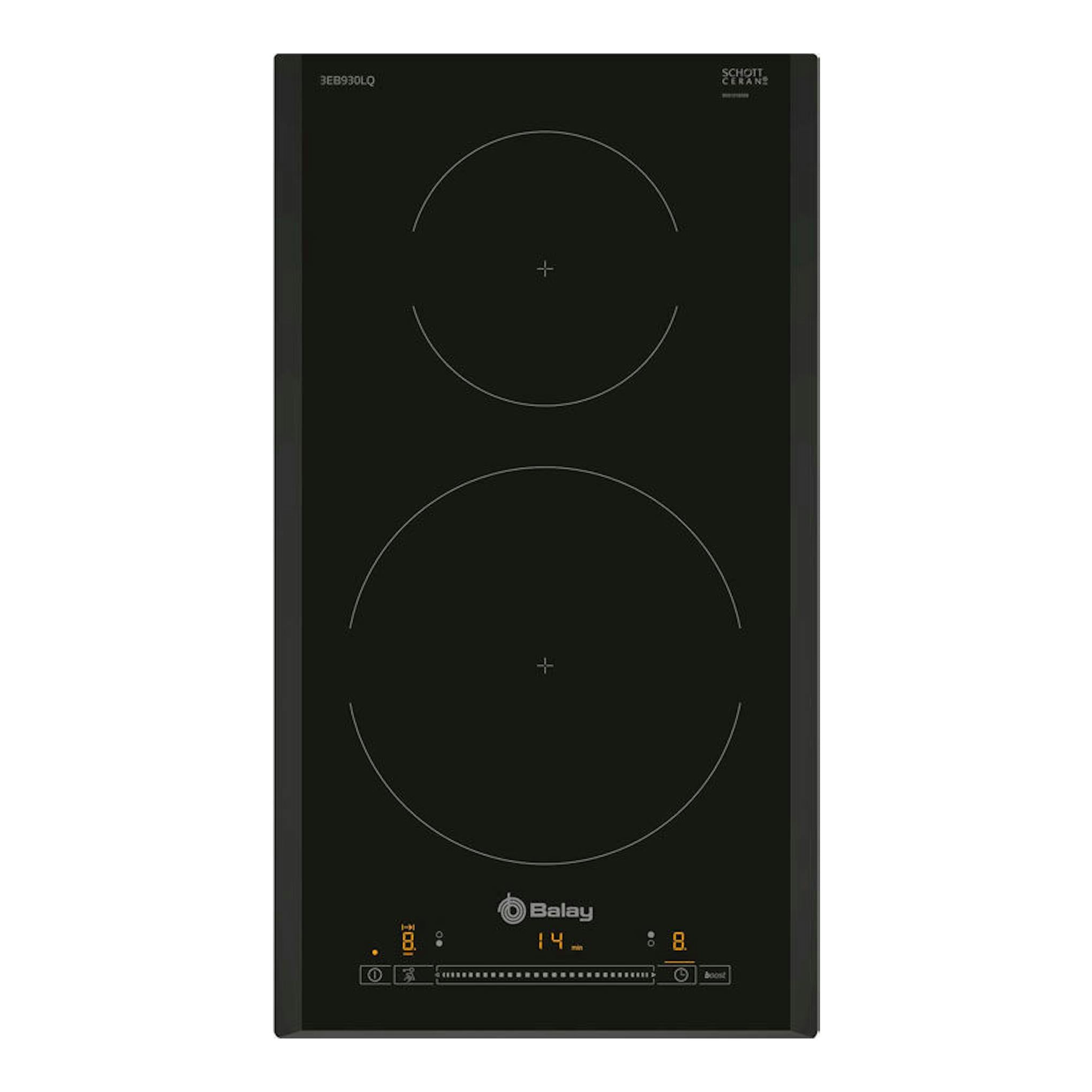 Placa de inducción Balay 3EB930LQ negra, vista frontal, con dos zonas circulares y panel táctil digital.