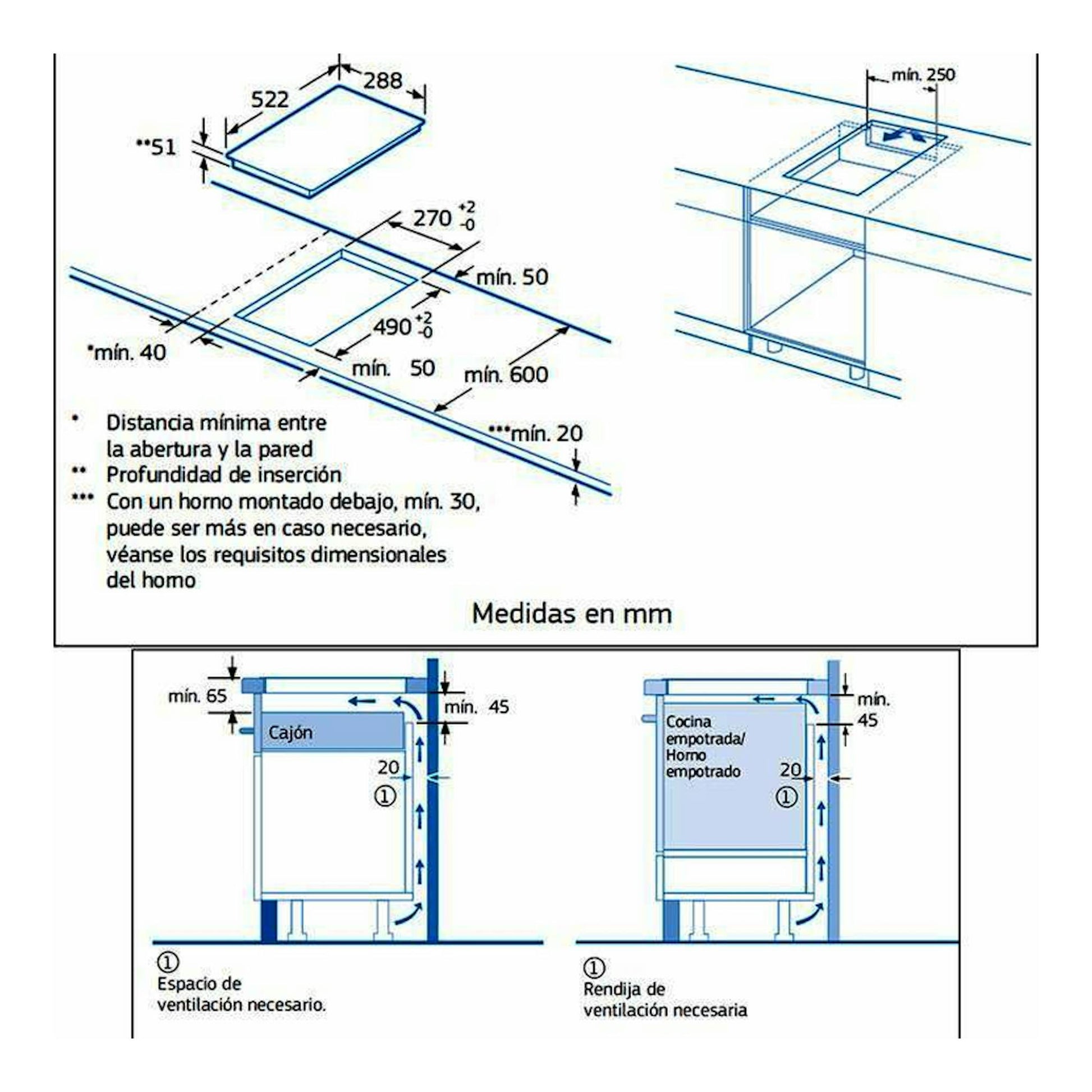 Diagrama de instalación de placa de inducción Balay 3EB930LQ, vistas superior y lateral con medidas en mm.