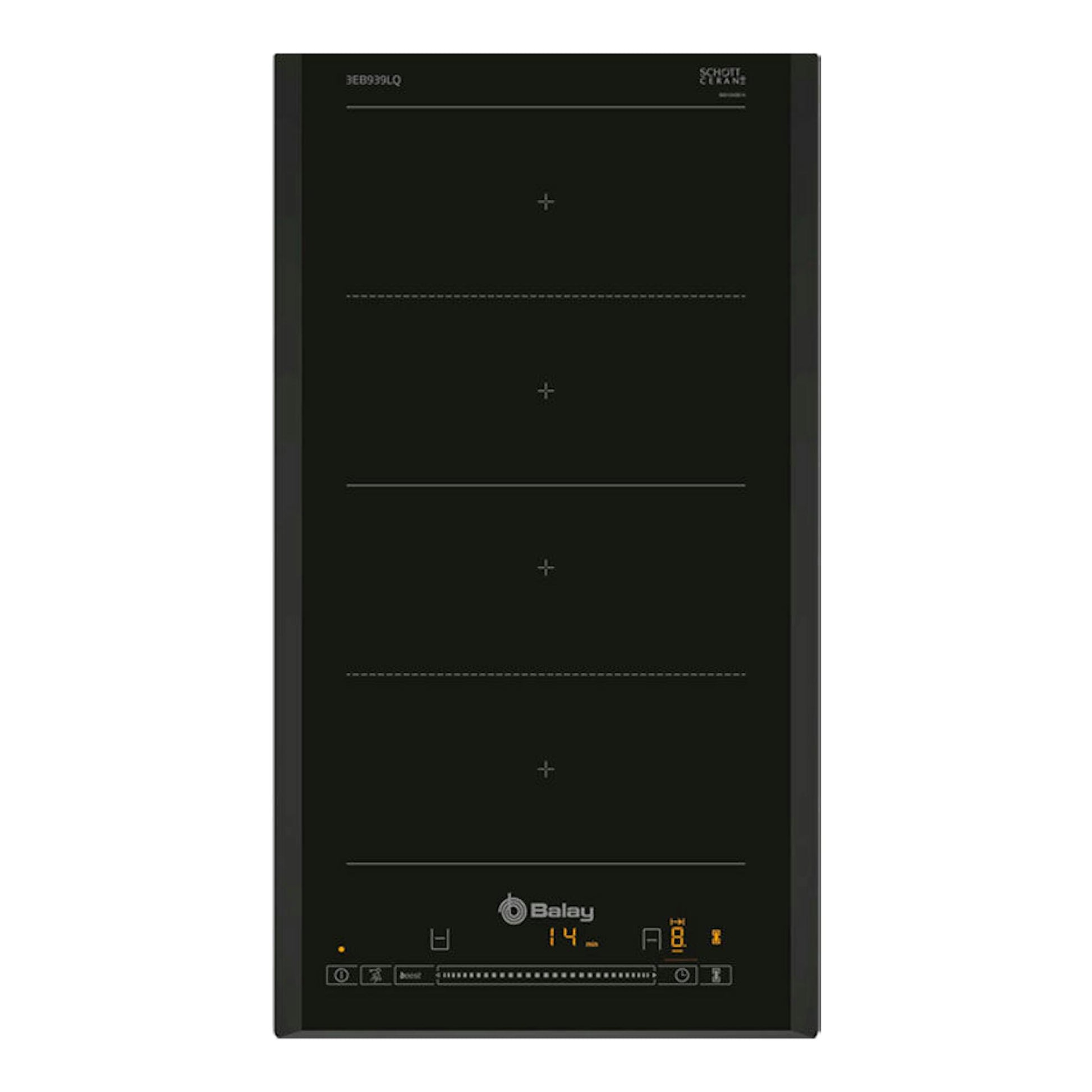 Placa de inducción Balay 3EB939LQ negra, vista cenital, con cuatro zonas y panel táctil inferior.