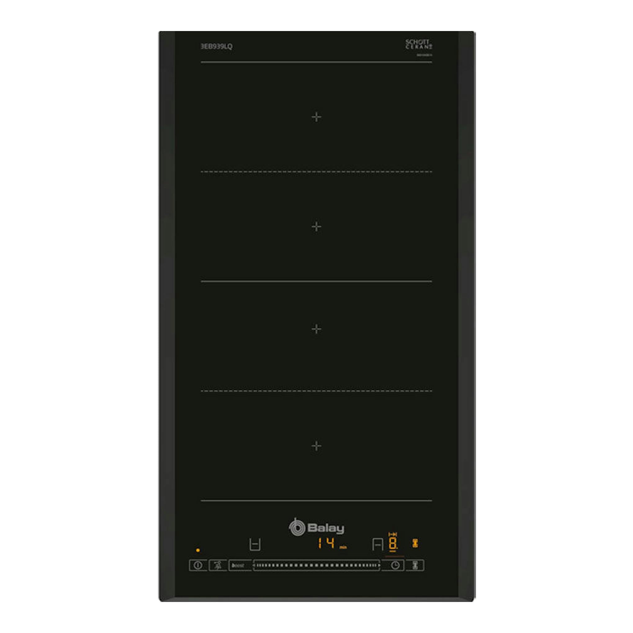 Placa de inducción Balay 3EB939LQ negra, vista cenital, con cuatro zonas y panel táctil inferior.
