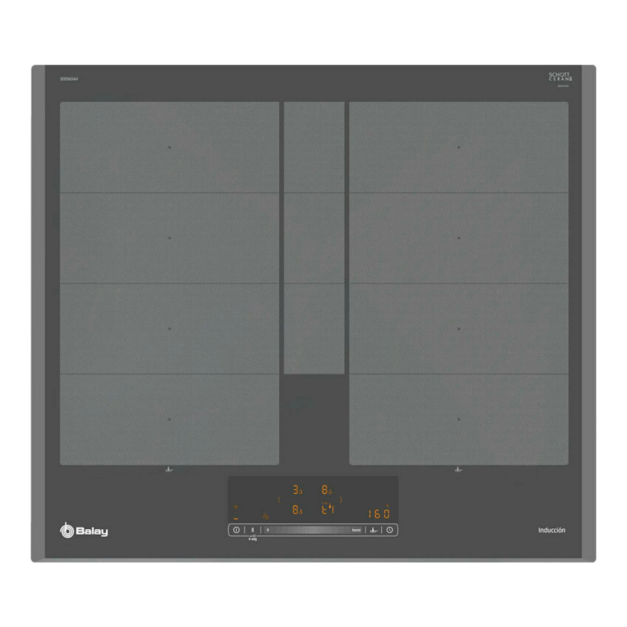 Placa de inducción Balay 3EB960AH de 60 cm, vista cenital, color negro, con cuatro zonas y panel central.