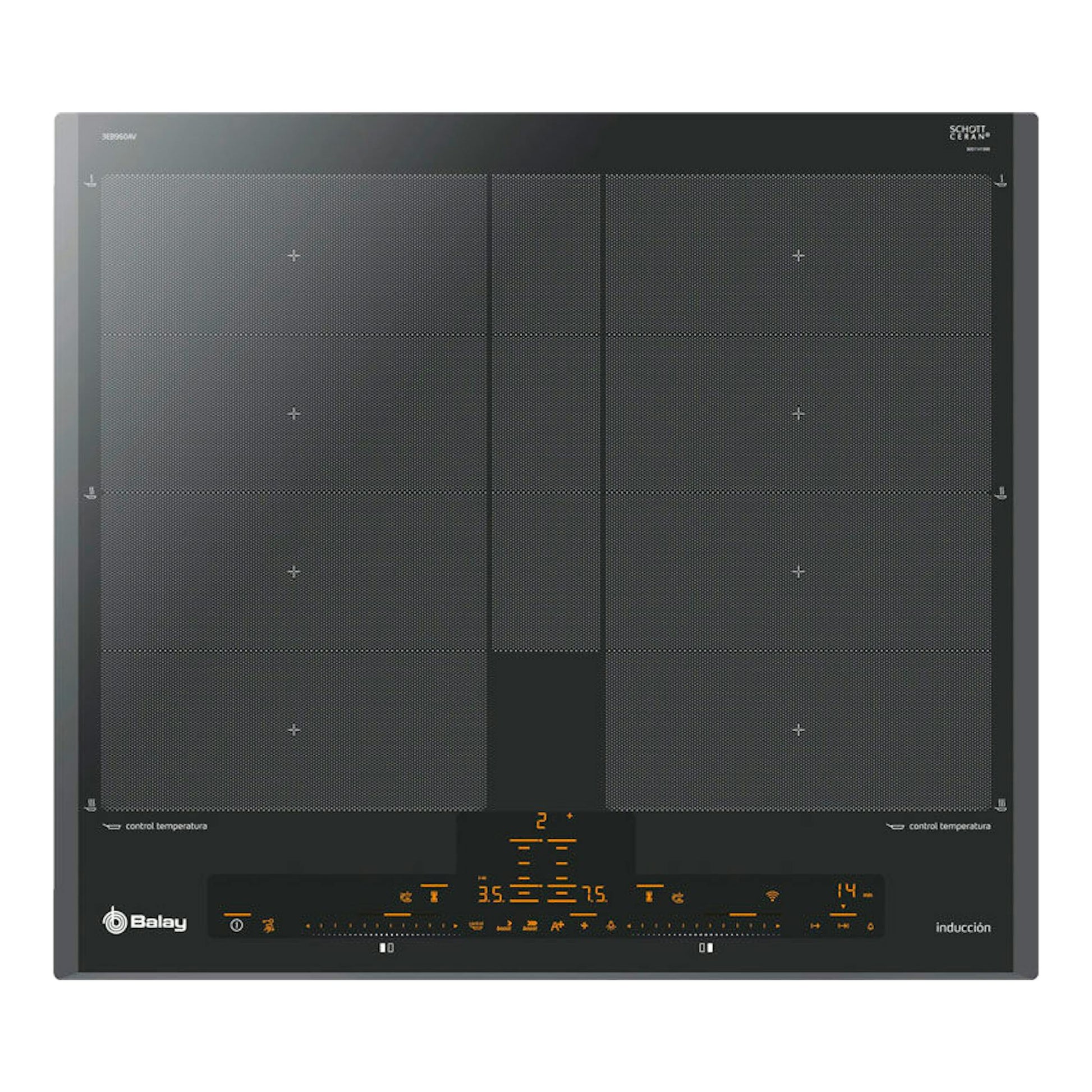 Placa de inducción Balay 3EB960AV negra, vista frontal, con cuatro zonas y panel táctil iluminado.