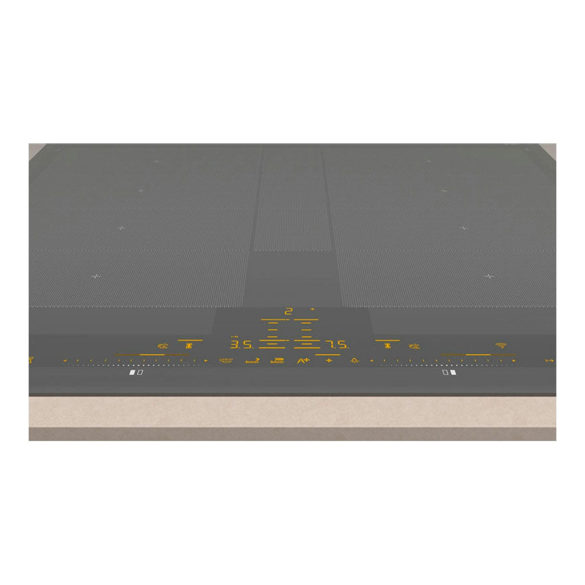 Placa de inducción Balay 3EB960AV negra, vista frontal superior, con panel táctil iluminado en amarillo.