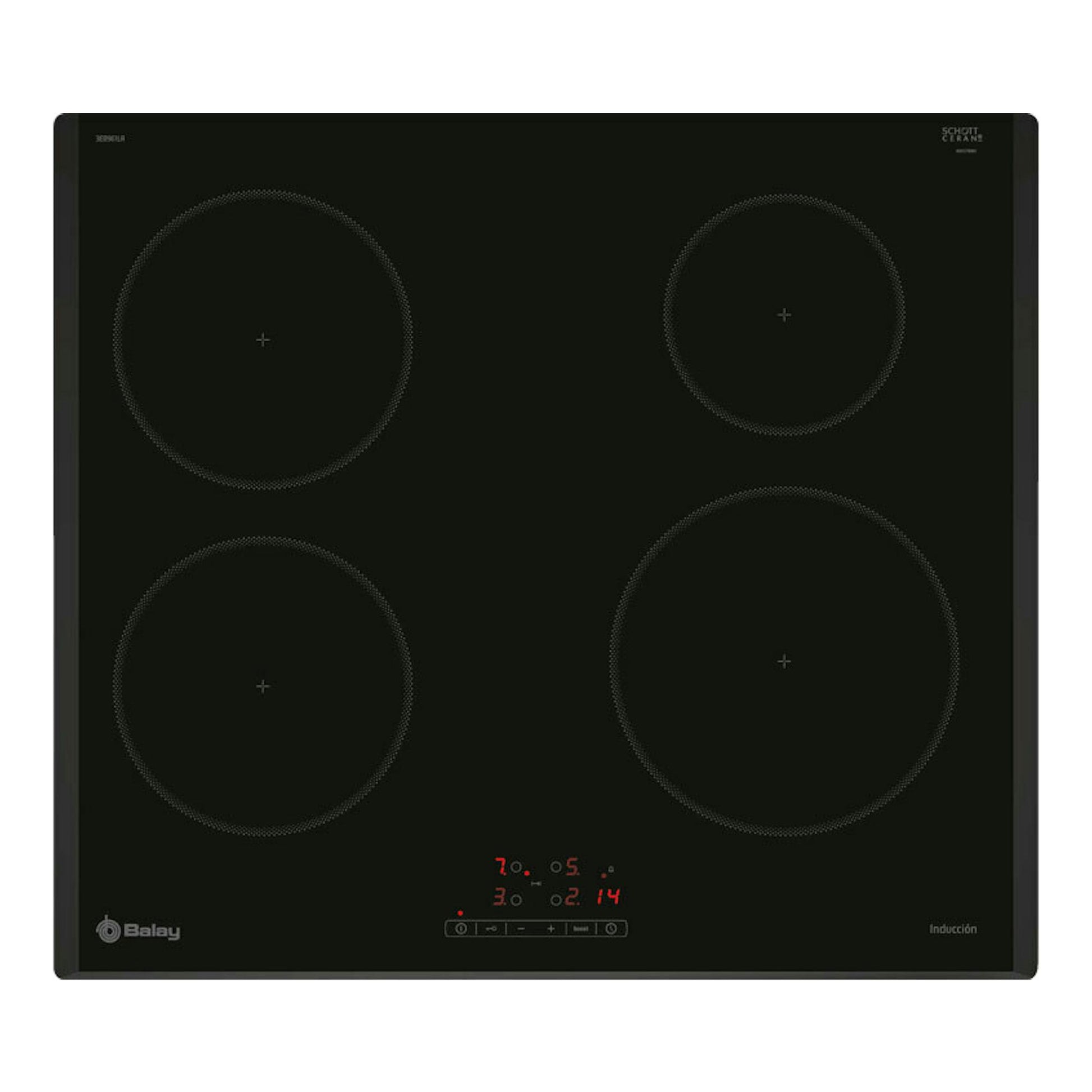 Placa de inducción Balay 3EB961LR negra, vista frontal, con cuatro zonas de cocción y panel táctil central.