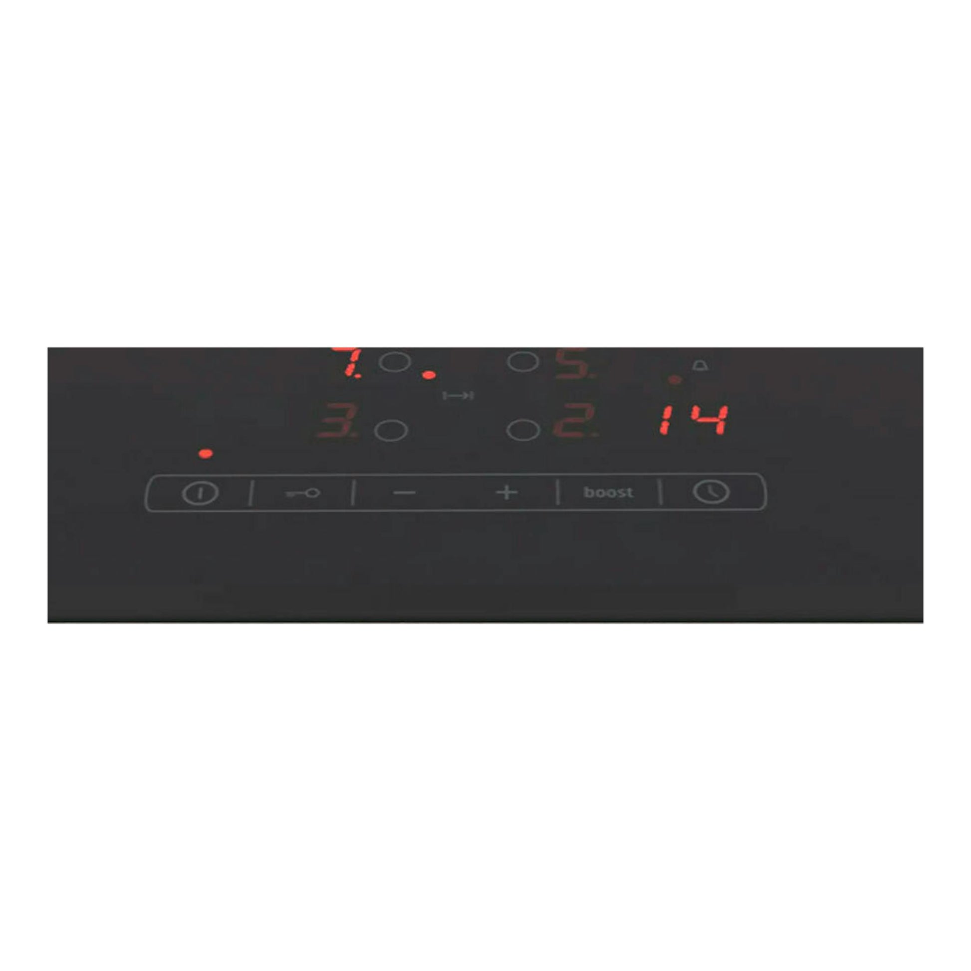 Placa de inducción Balay 3EB961LR negra, vista frontal, con panel táctil y dígitos rojos iluminados.