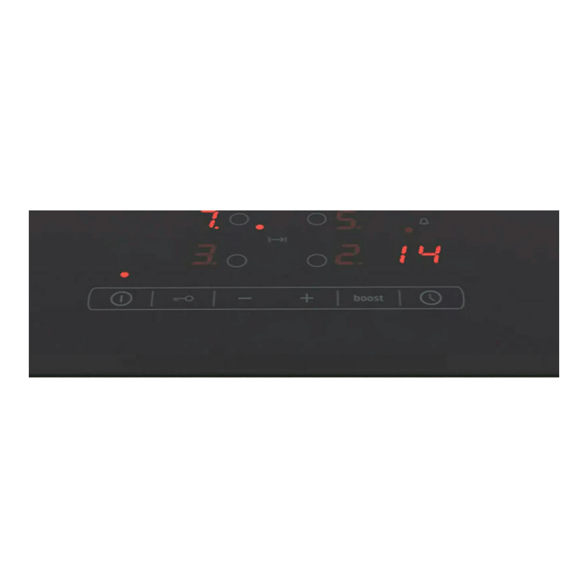 Placa de inducción Balay 3EB961LR negra, vista frontal, con panel táctil y dígitos rojos iluminados.