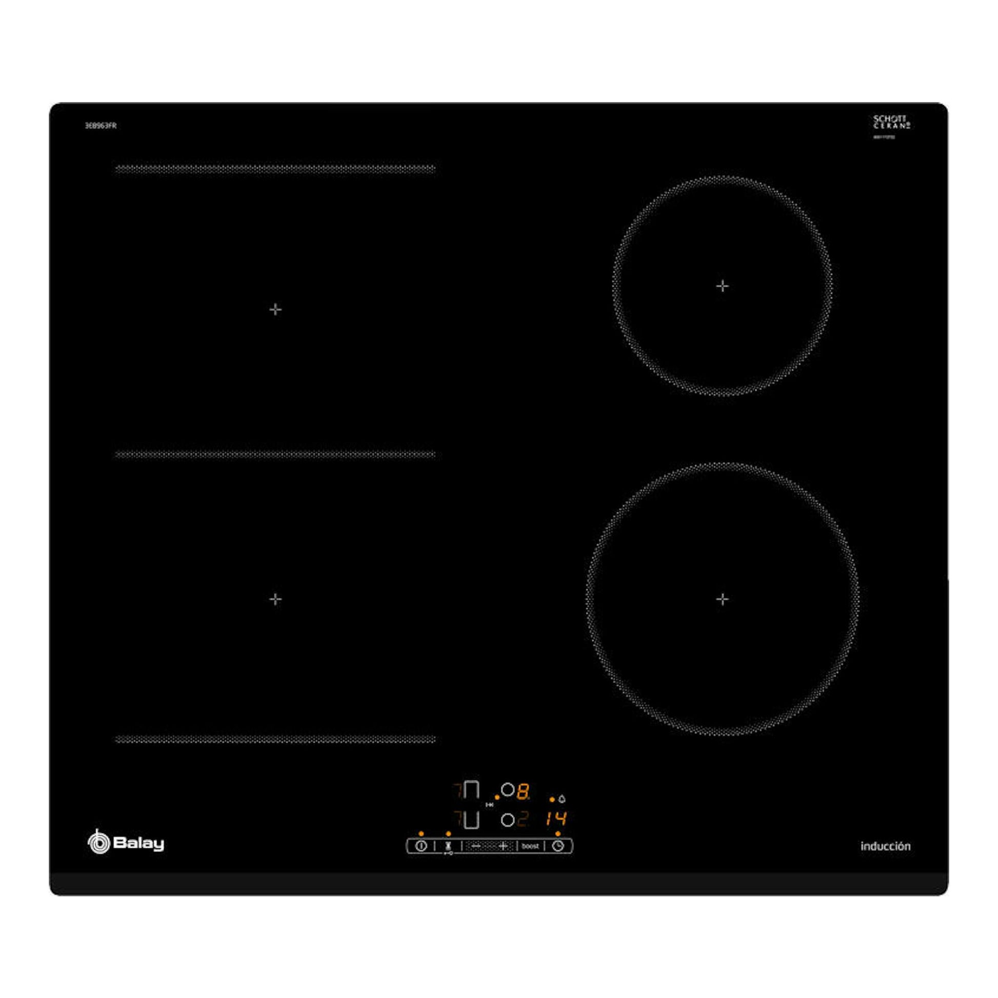 Placa de inducción Balay 3EB963FR negra, vista frontal, con cuatro zonas de cocción y panel táctil.