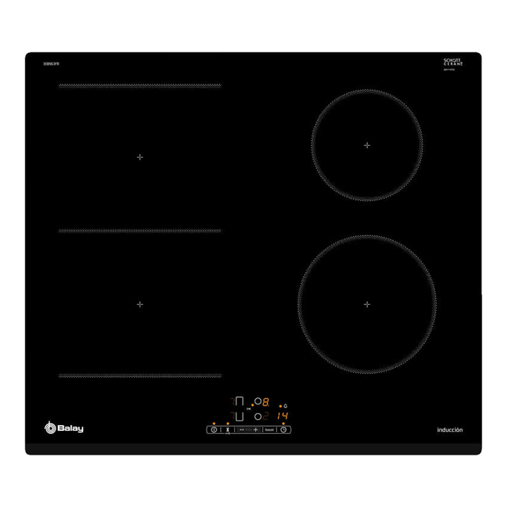 Placa de inducción Balay 3EB963FR negra, vista frontal, con cuatro zonas de cocción y panel táctil.