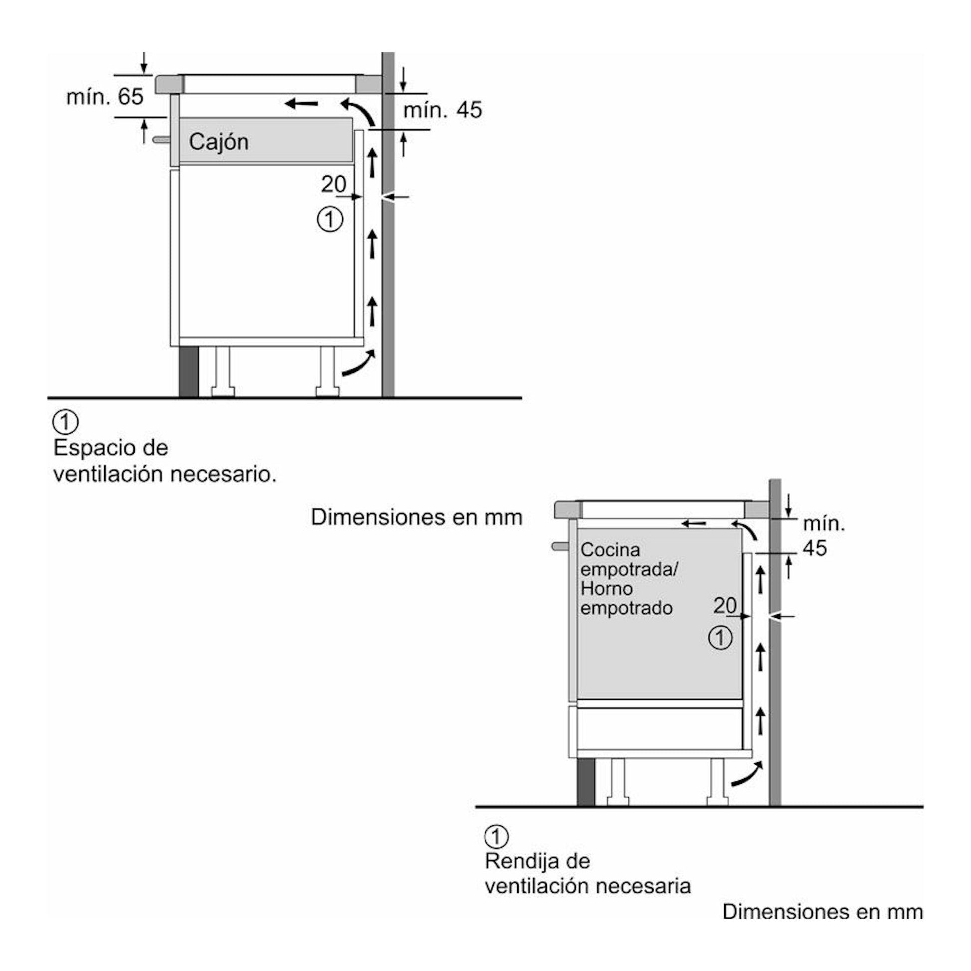 Balay 3EB963FR: esquema técnico de instalación empotrada con ventilación, huecos mínimos y medidas en mm.