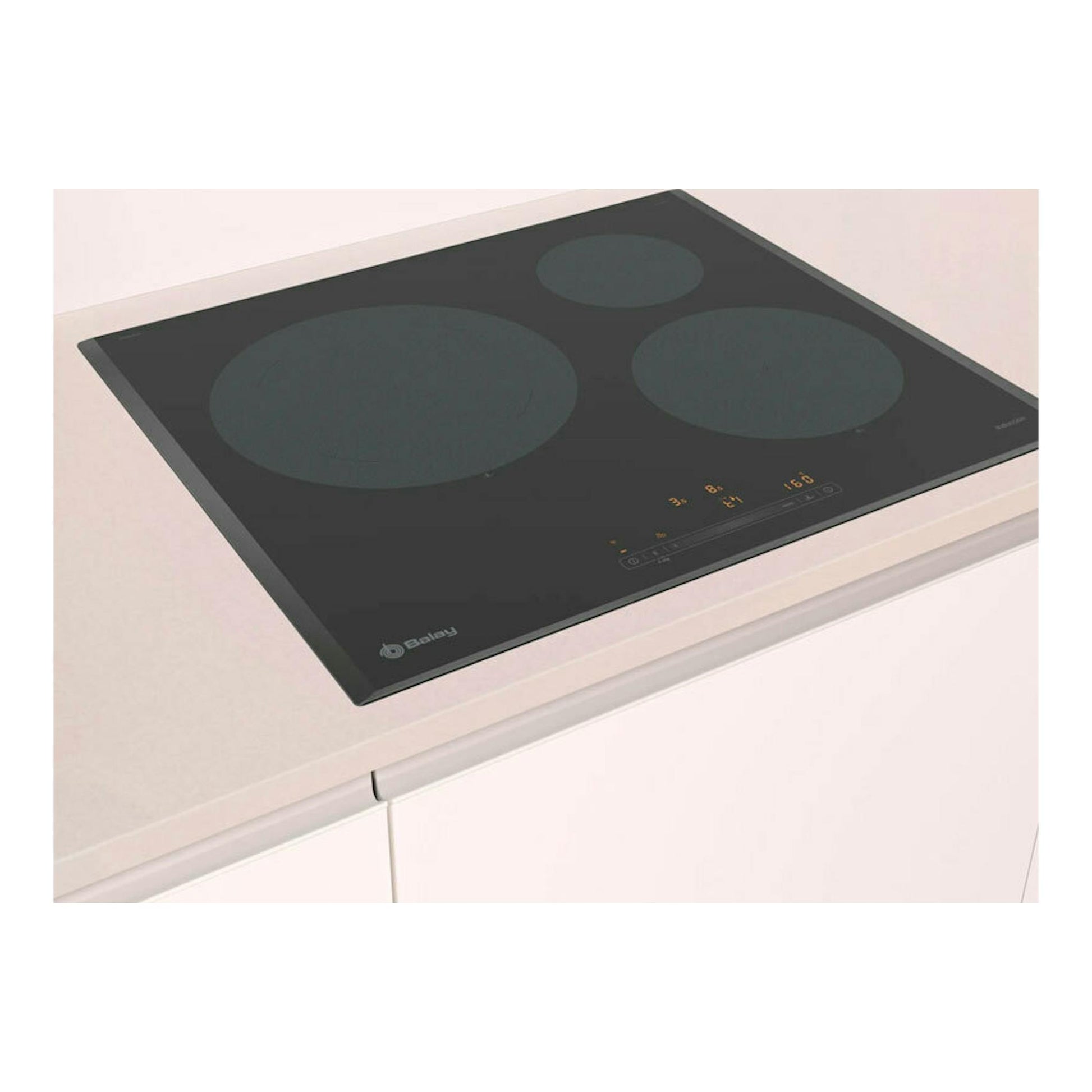 Placa de inducción Balay 3EB965LH negra, vista en ángulo, con tres zonas de cocción.