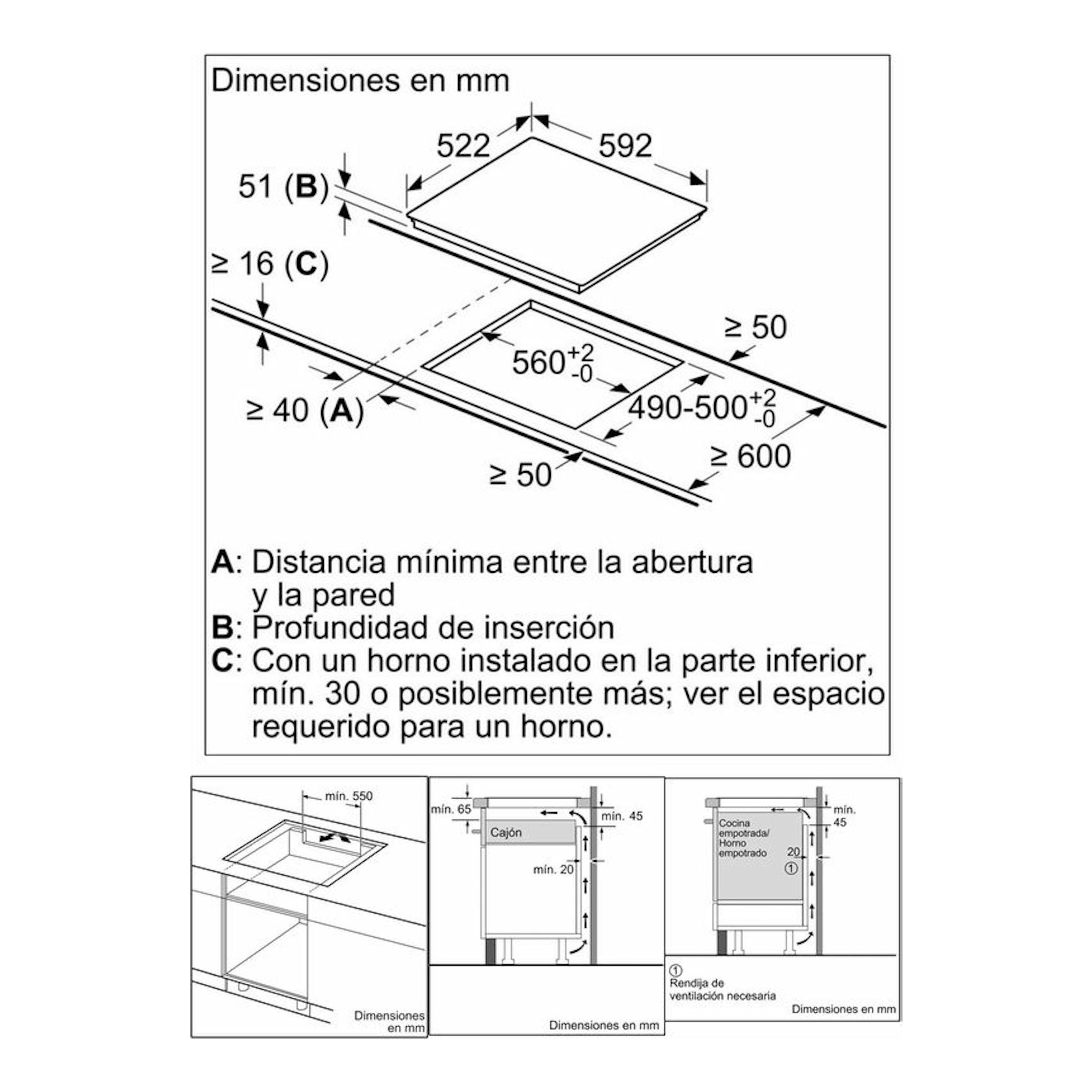 Esquema técnico de instalación de placa inducción Balay 3EB965LR, con medidas en mm.