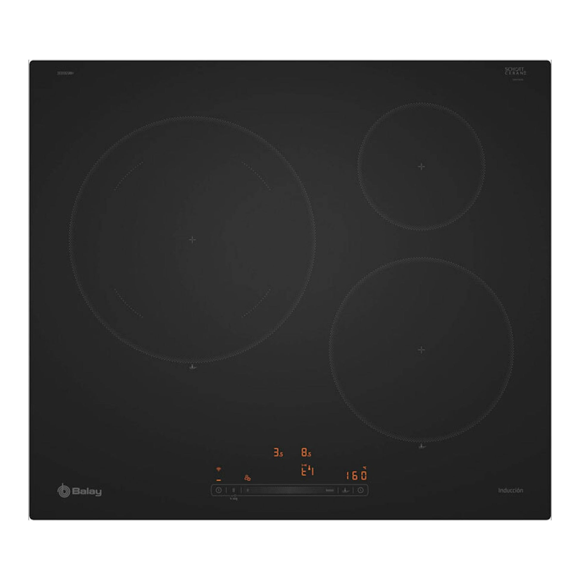 Placa de inducción Balay 3EB965MH negra, vista frontal, con tres zonas de cocción y panel táctil.