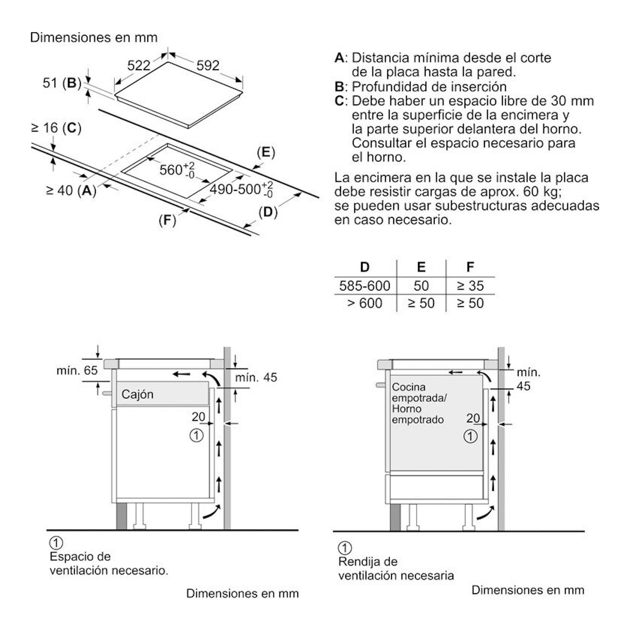 Balay 3EB965WR: esquema de instalación de placa de inducción 60 cm con medidas y ventilación.