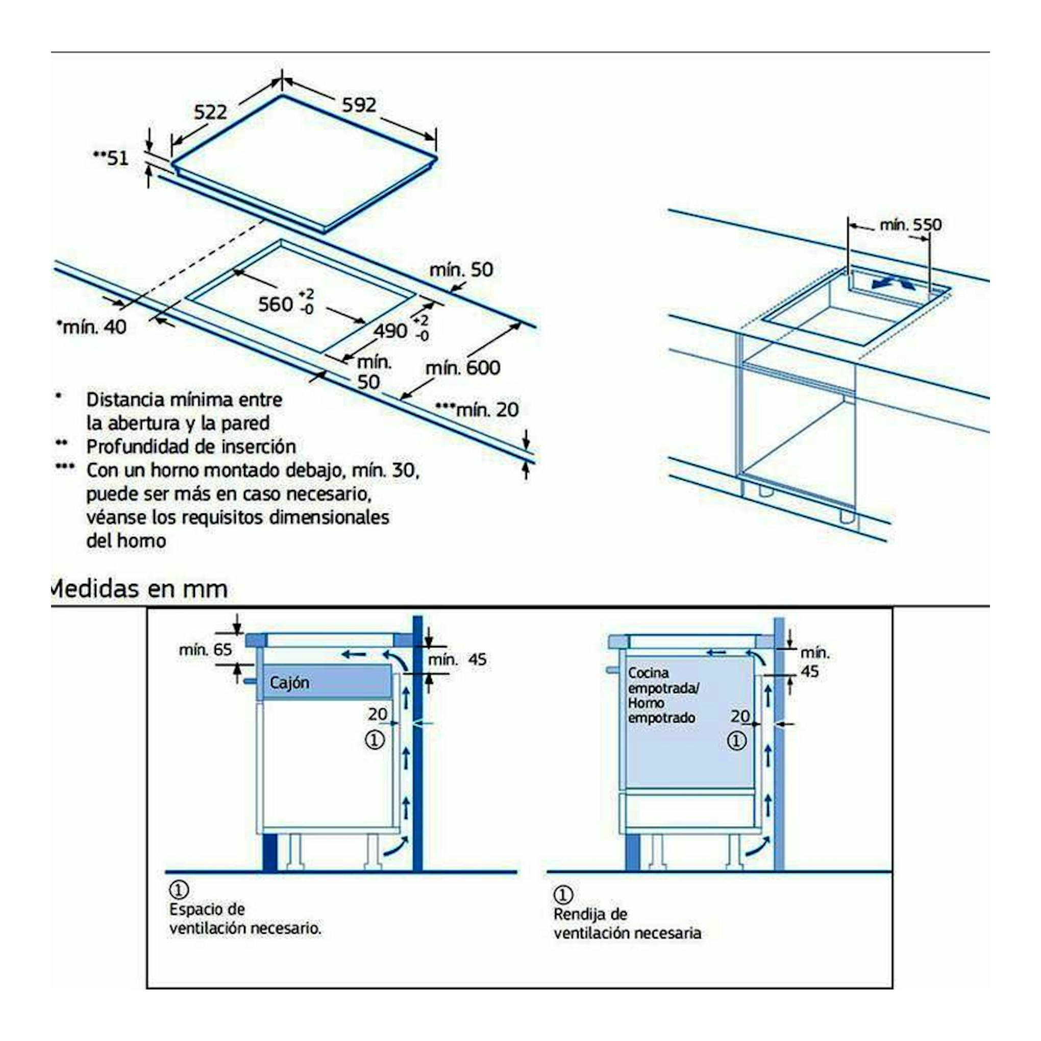 Esquema técnico de instalación de placa de inducción Balay 3EB967FR, con medidas y ventilación.