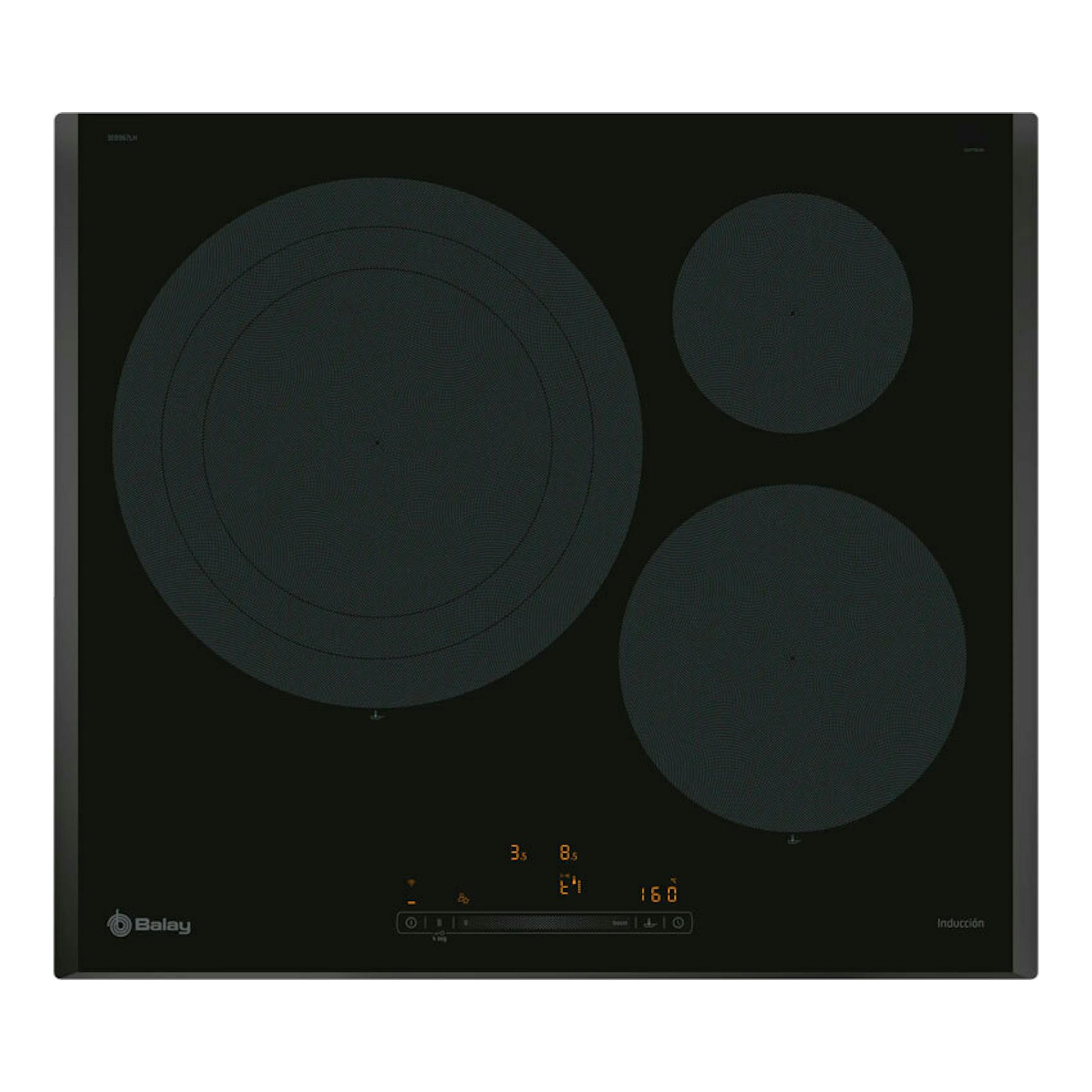 Placa de inducción Balay 3EB967LH negra, vista frontal, con tres zonas de cocción circulares.