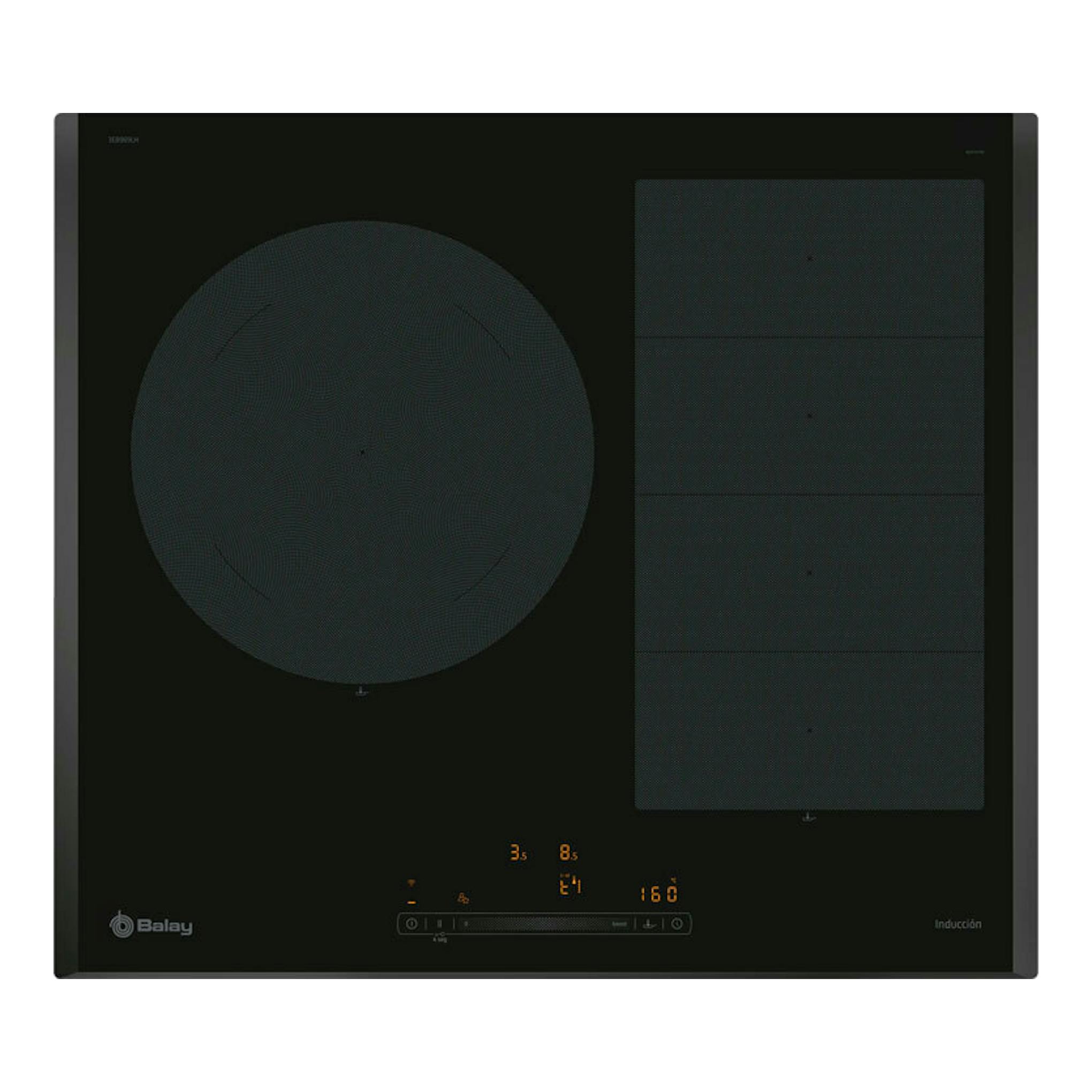 Placa de inducción Balay 3EB969LH negra, vista frontal, con una zona redonda y cuatro rectangulares.