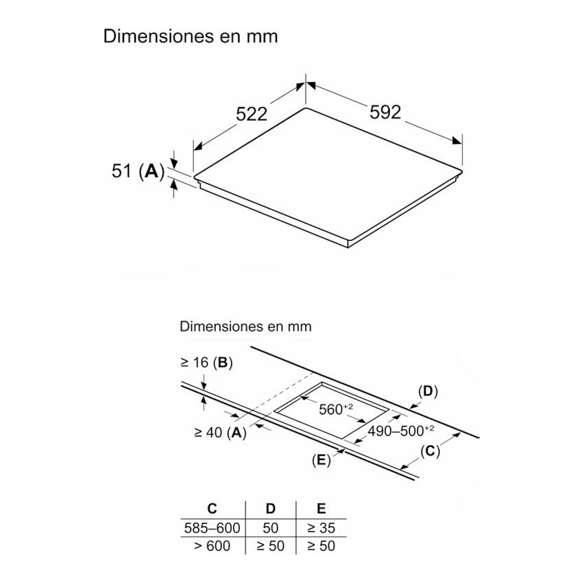 Diagrama de dimensiones de placa de inducción Balay 3EB969LH, con medidas 592x522 mm y hueco 560x490-500 mm.