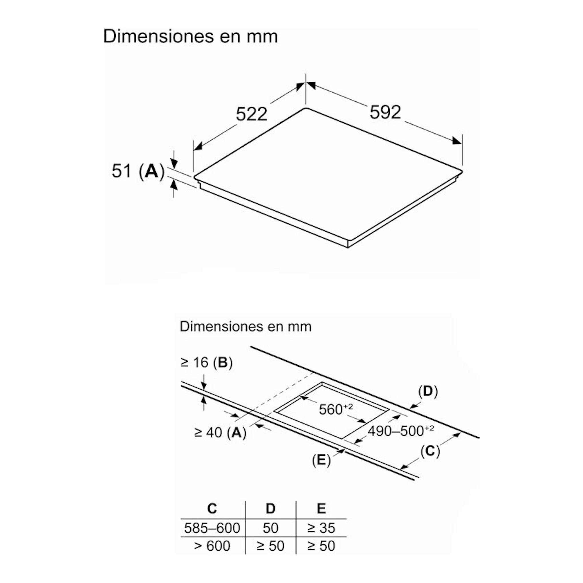 Diagrama de dimensiones de placa de inducción Balay 3EB969LH, con medidas 592x522 mm y hueco 560x490-500 mm.