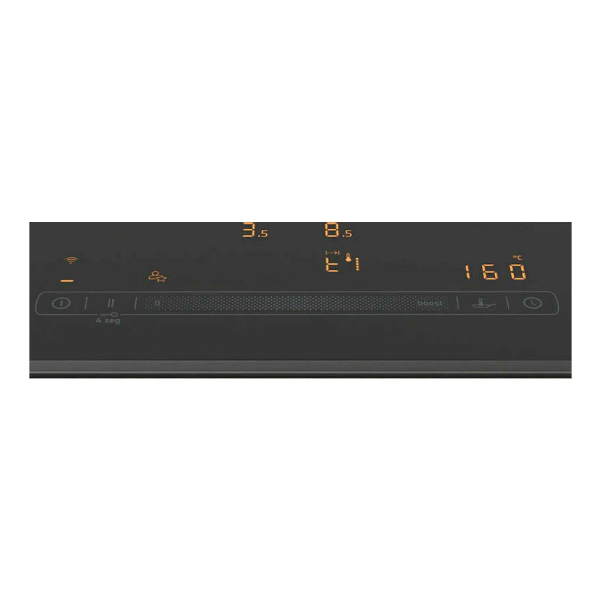 Placa de inducción Balay 3EB969LH negra, vista frontal parcial, con controles táctiles y display naranja.