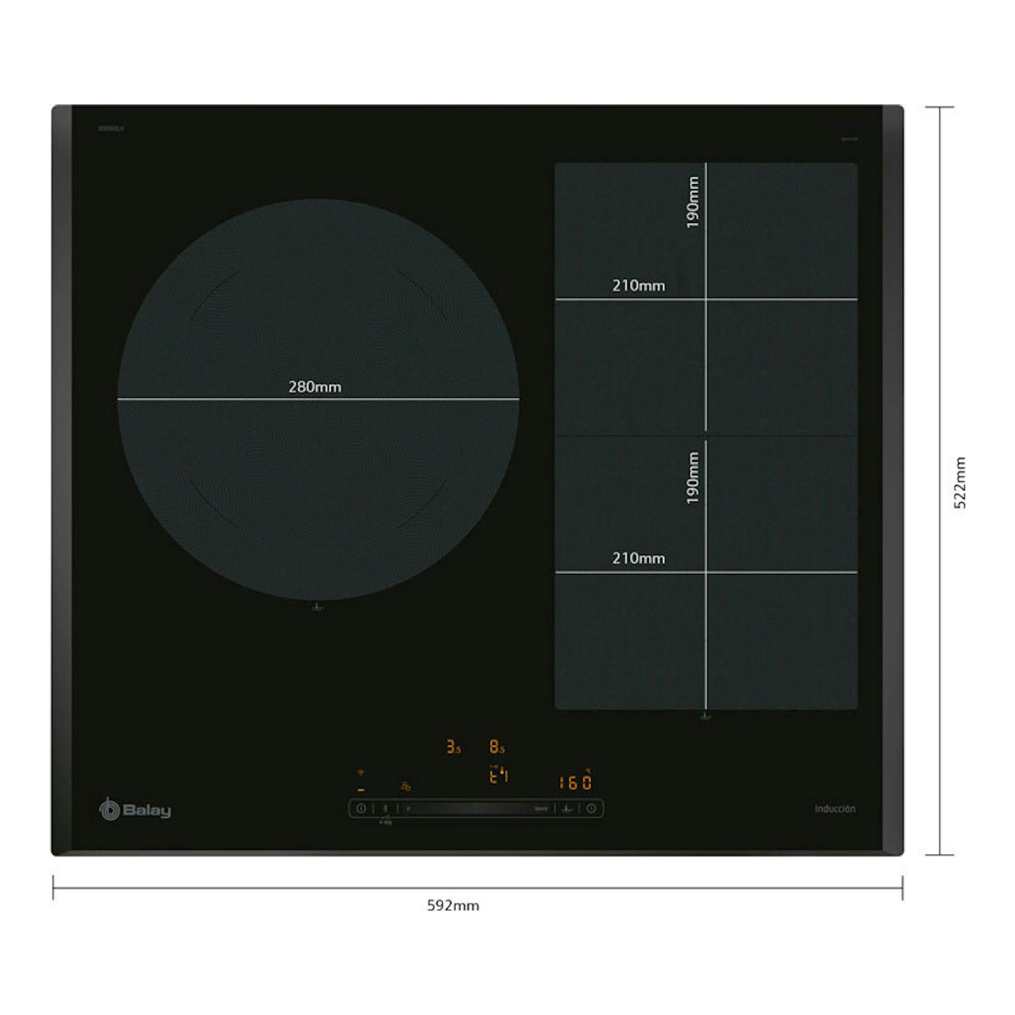 Placa de inducción Balay 3EB969LH negra, vista frontal, con 4 zonas y medidas indicadas.