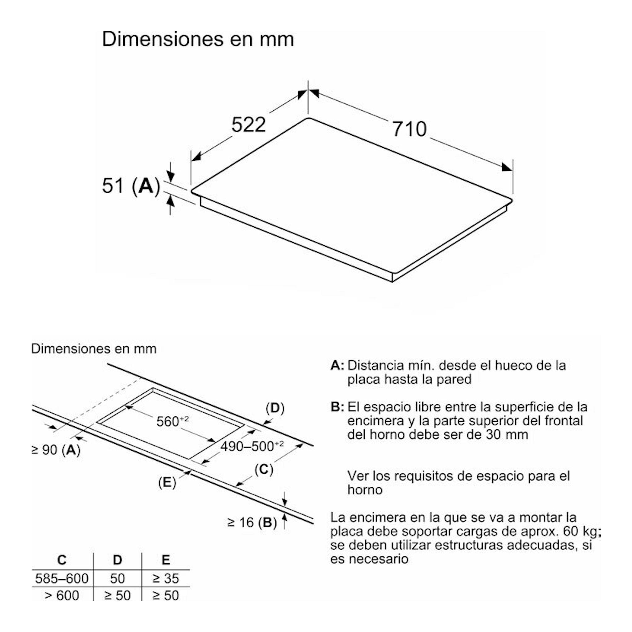 Esquema de dimensiones de placa inducción Balay 3EB977LH en vista isométrica, 710 x 522 x 51 mm.