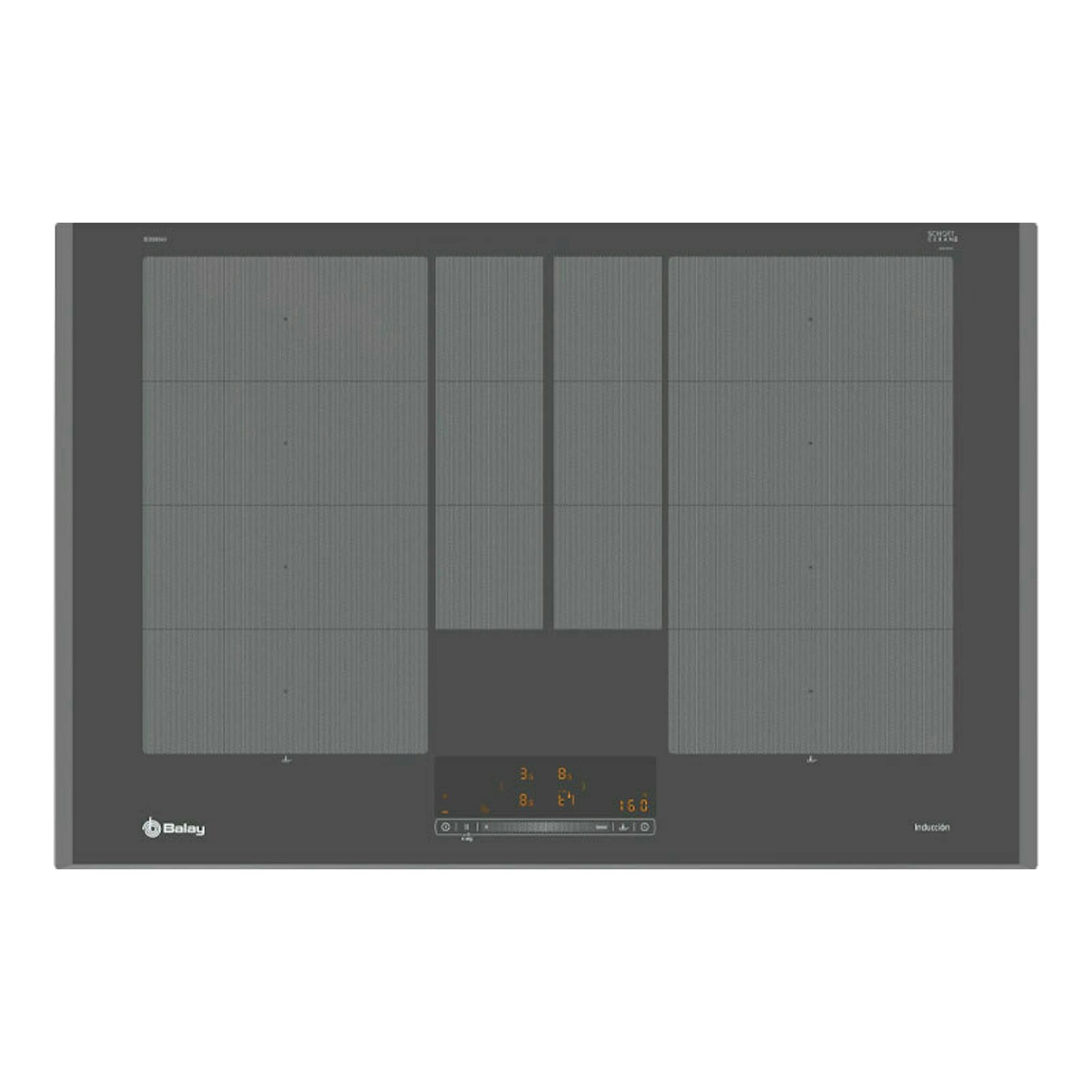 Placa de inducción Balay negra, vista frontal, con cuatro zonas de cocción y panel táctil central.