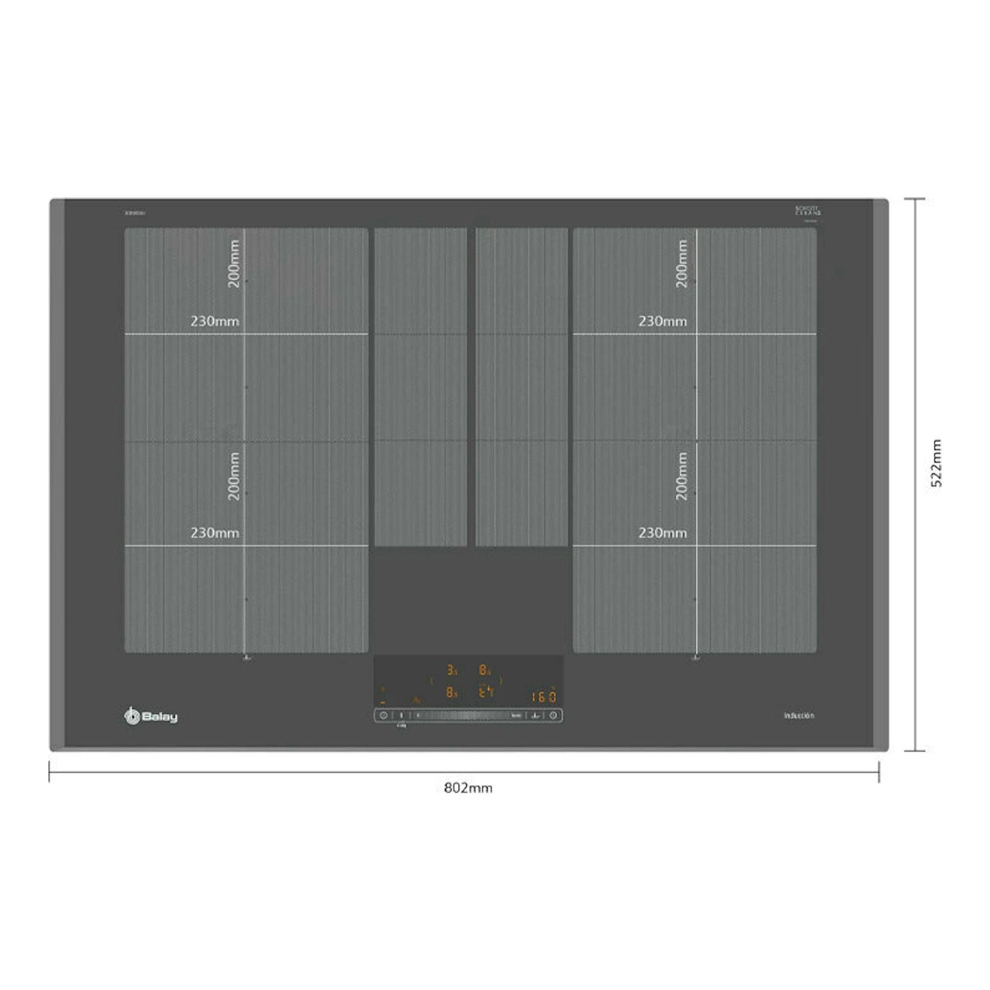 Placa de inducción Balay 3EB980AH, vista frontal, cristal negro de 80 cm con zonas marcadas y display central.