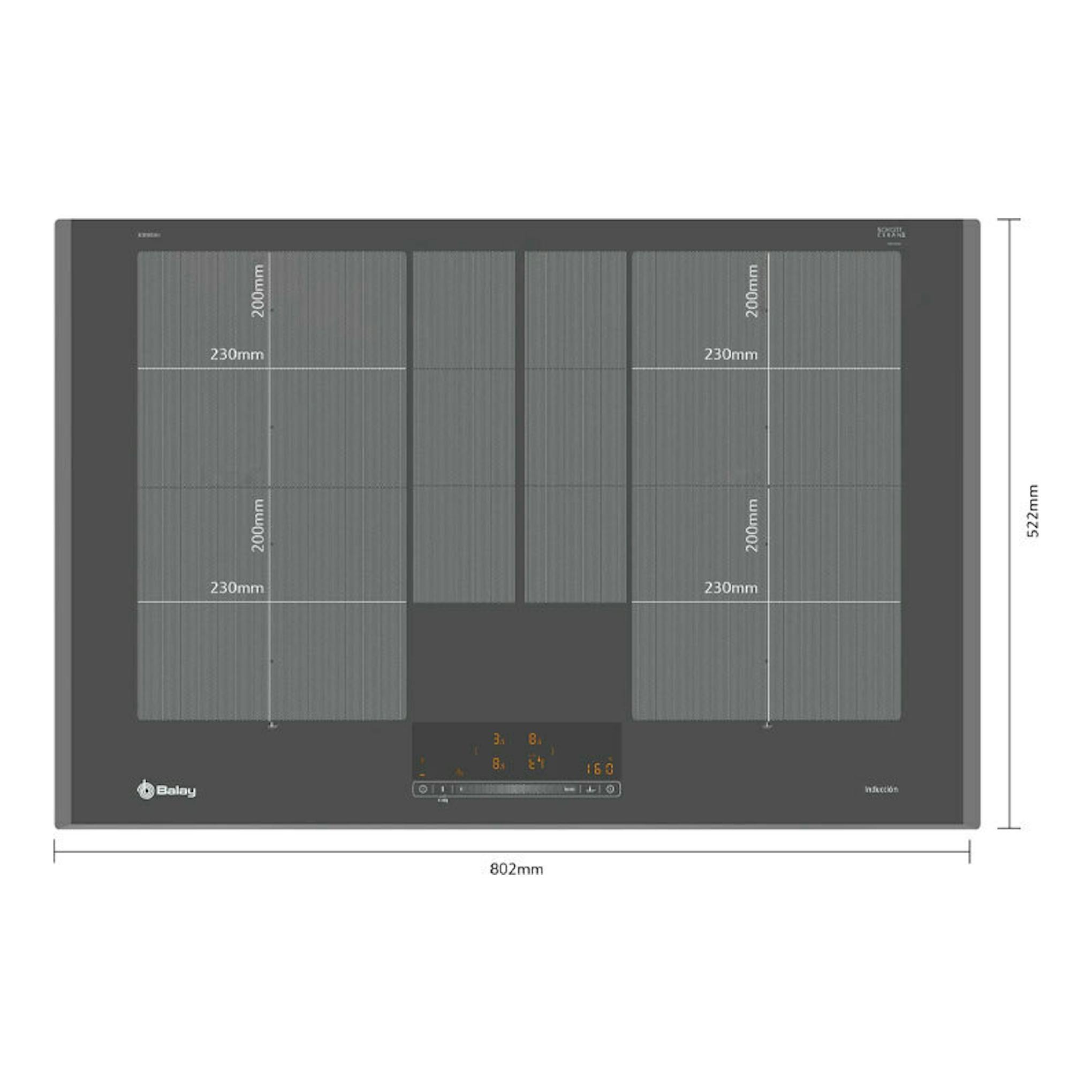 Placa de inducción Balay 3EB980AH, vista frontal, cristal negro de 80 cm con zonas marcadas y display central.