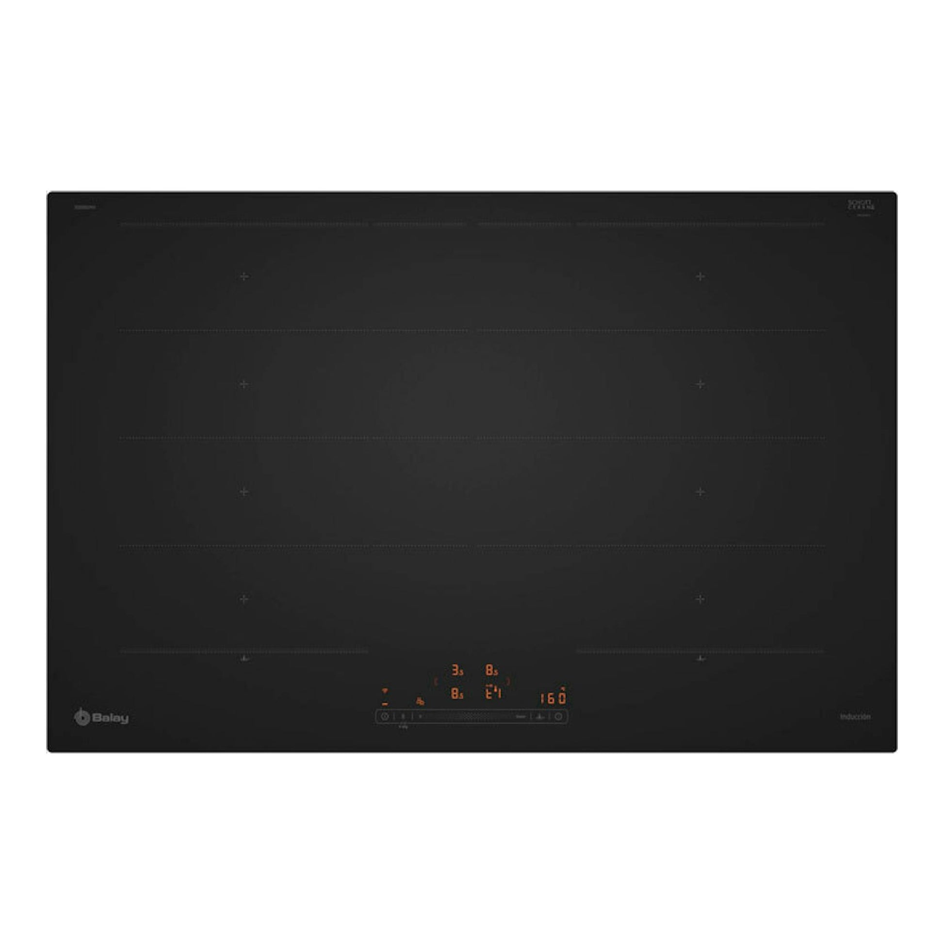 Placa de inducción Balay 3EB980MH negra, vista frontal, de 80 cm, con panel táctil iluminado.