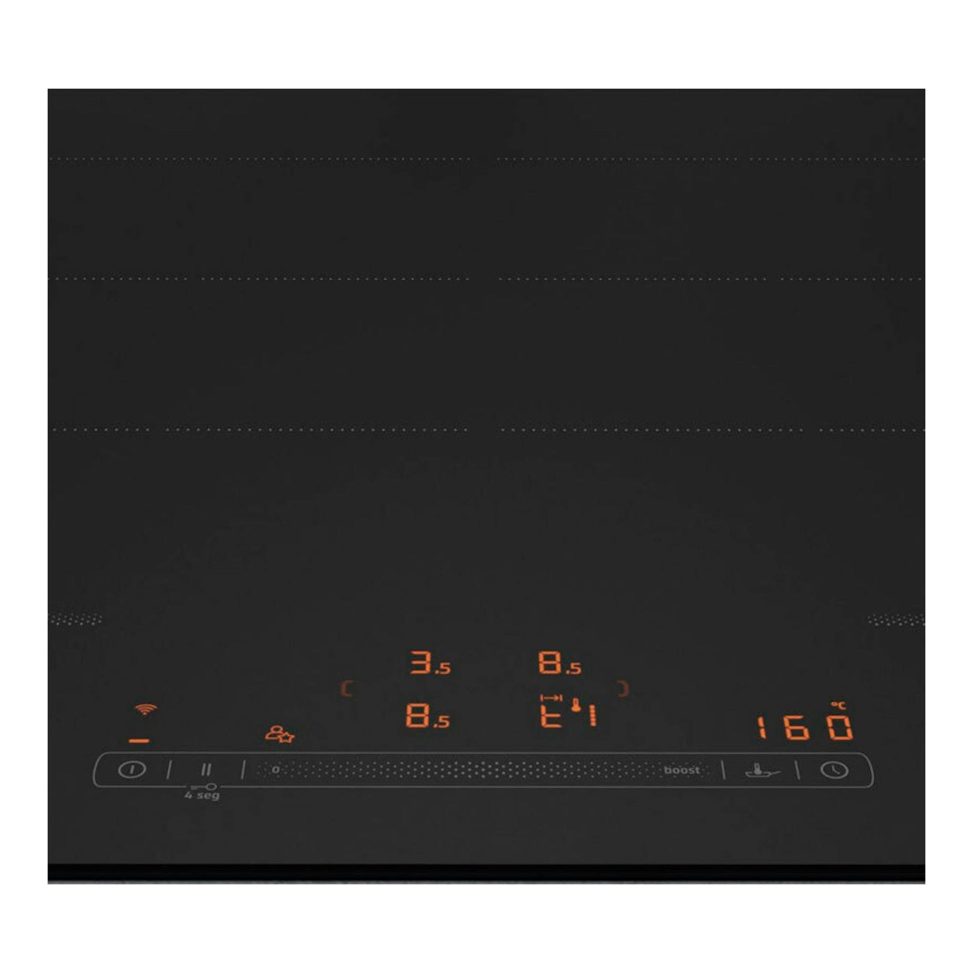 Placa de inducción Balay 3EB980MH negra, vista frontal, con mandos táctiles iluminados en naranja.