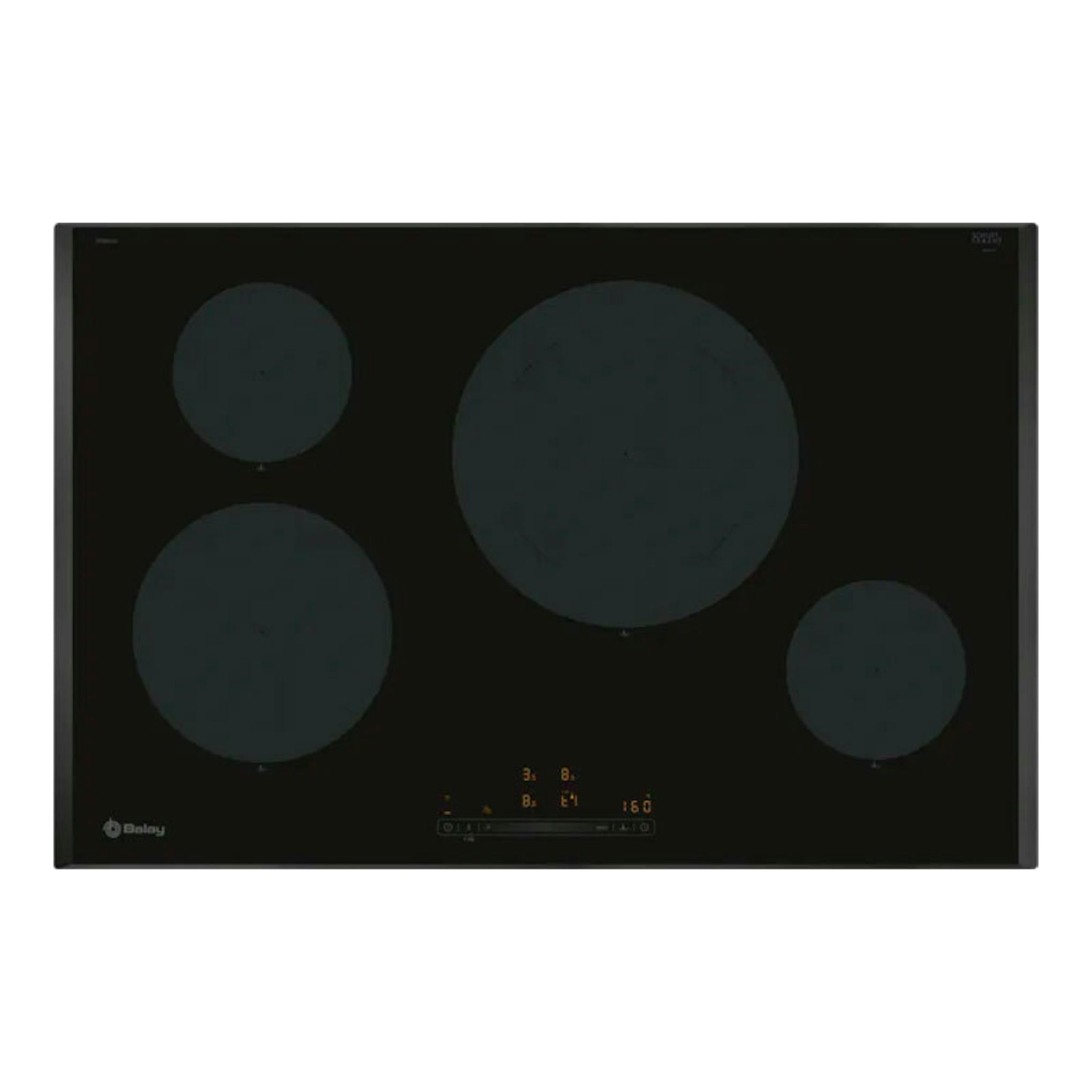 Placa de inducción Balay 3EB985LH negra, vista superior, cuatro zonas de cocción y mandos táctiles frontales.