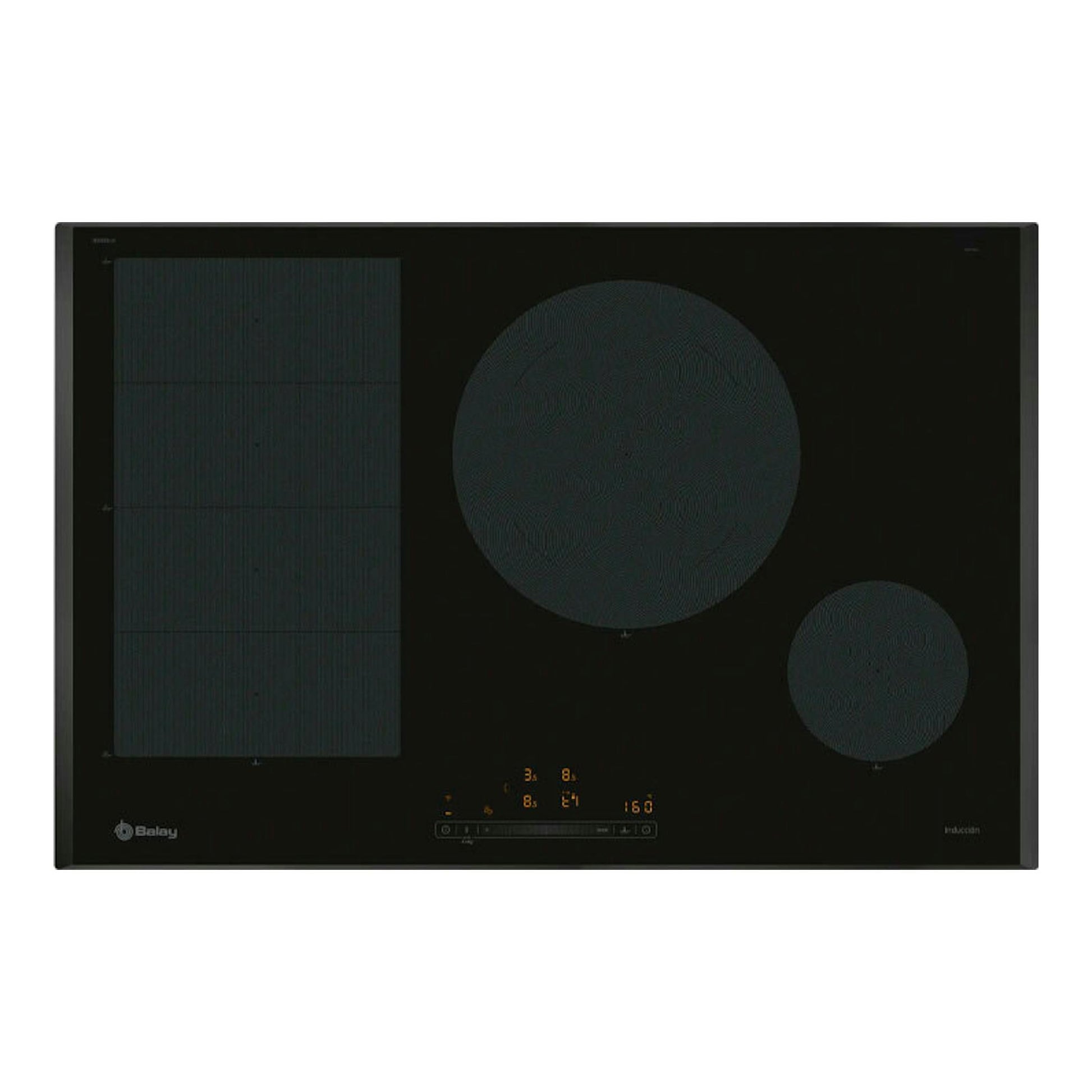 Placa de inducción Balay 3EB989LH negra, vista frontal, con tres zonas de cocción y panel táctil.