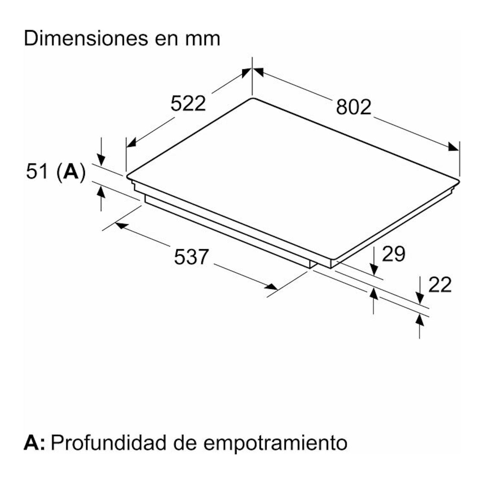 Balay 3EB989LH: placa de inducción en vista isométrica con medidas 802 x 522 mm y profundidad de empotramiento 51 mm.