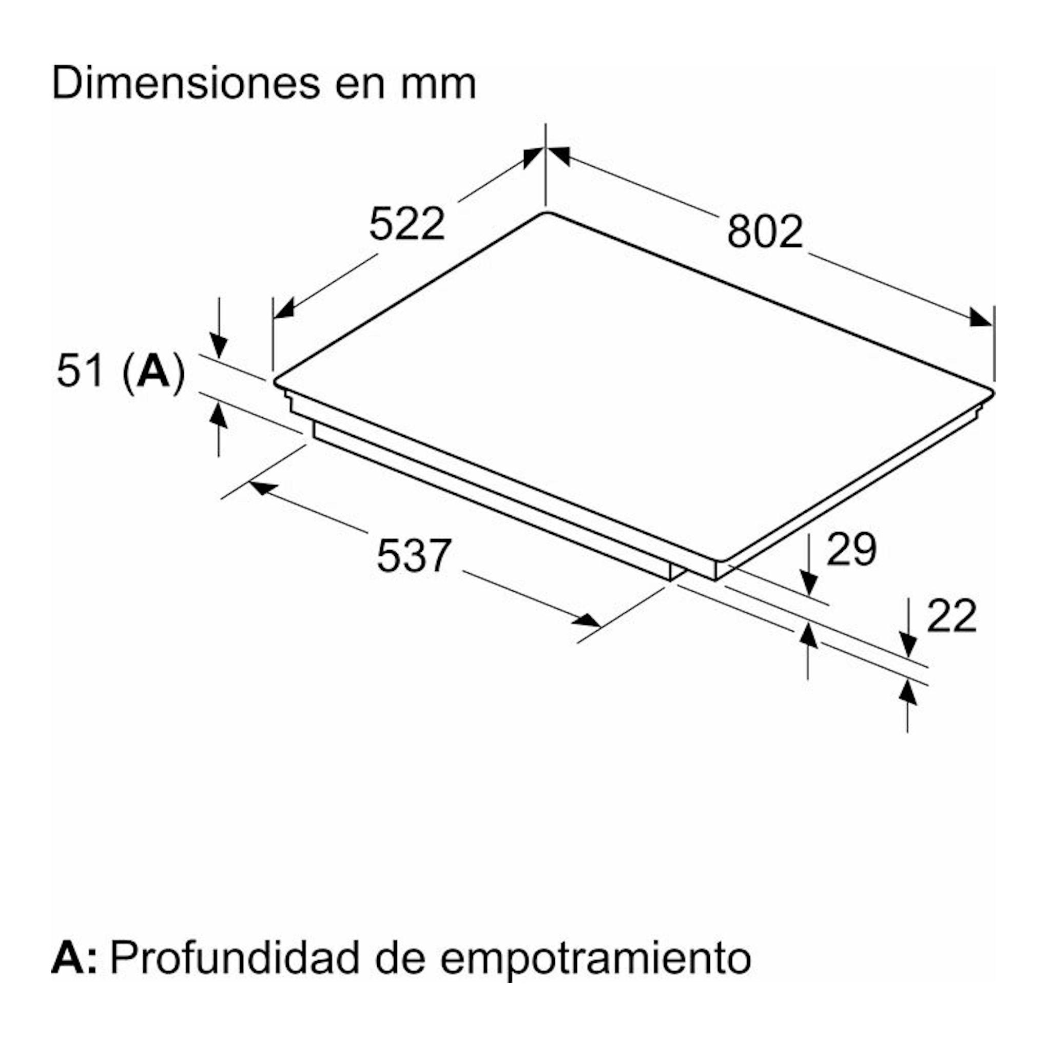 Balay 3EB989LH: placa de inducción en vista isométrica con medidas 802 x 522 mm y profundidad de empotramiento 51 mm.