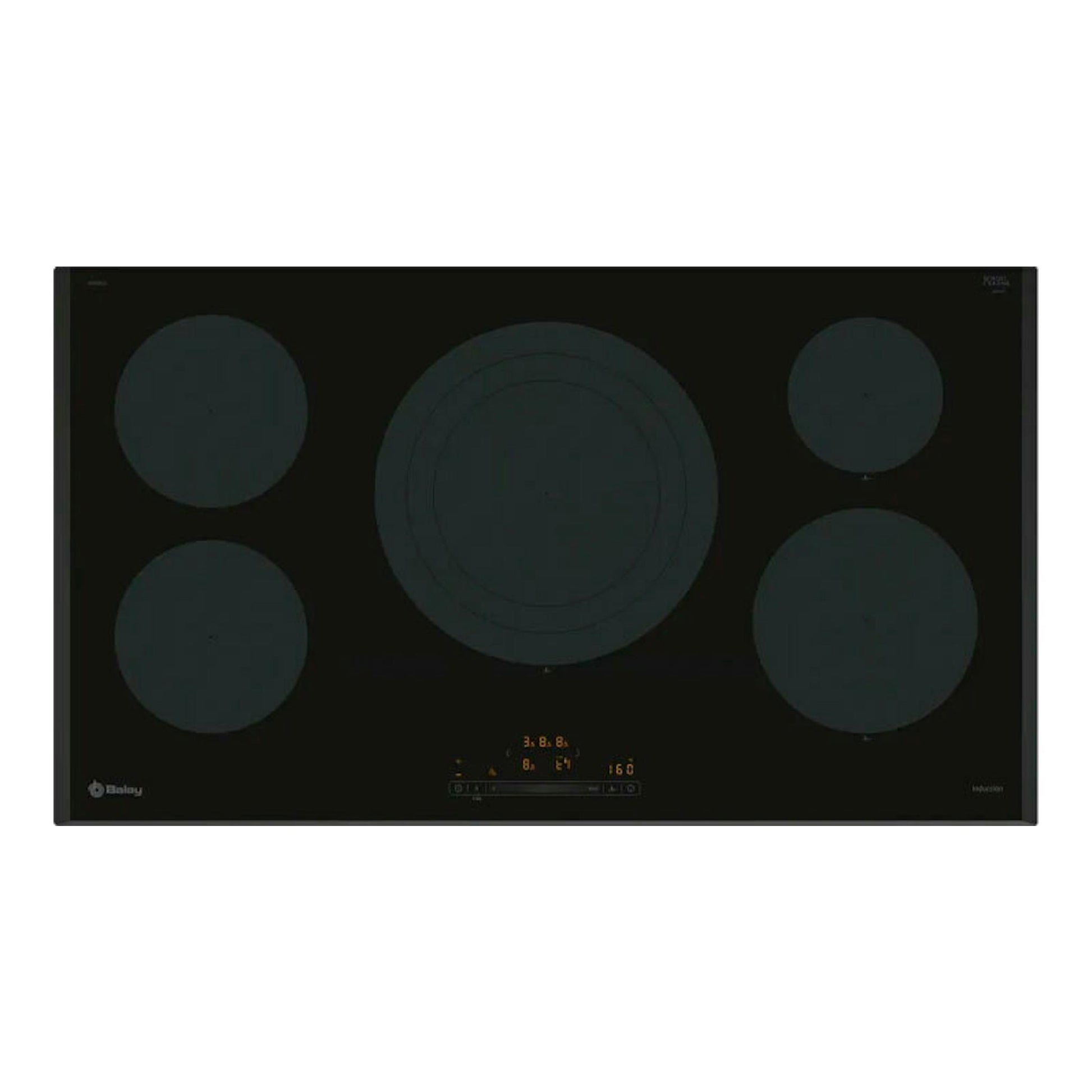 Placa de inducción Balay 3EB997LH negra, vista frontal, con cinco zonas de cocción.