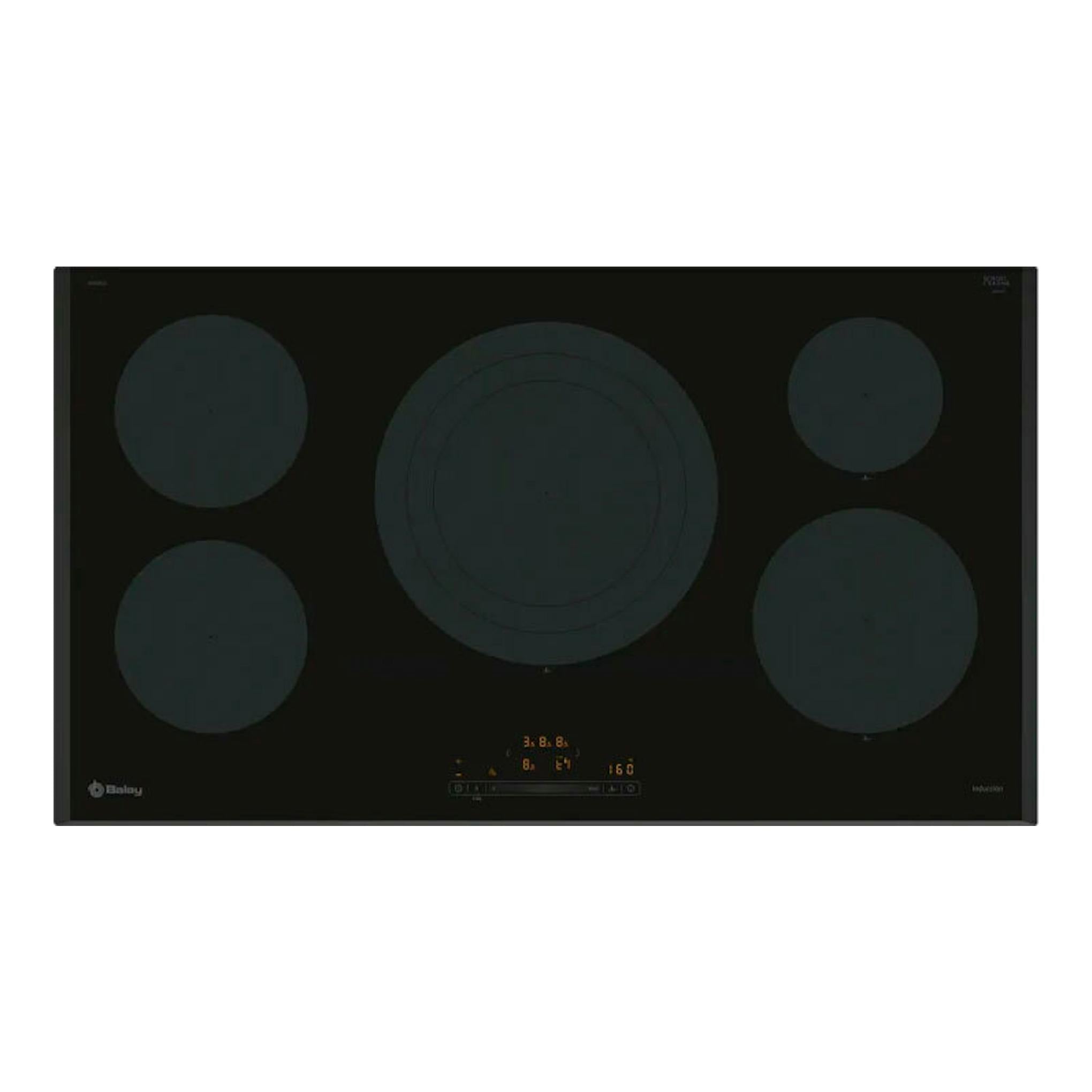 Placa de inducción Balay 3EB997LH negra, vista frontal, con cinco zonas de cocción.
