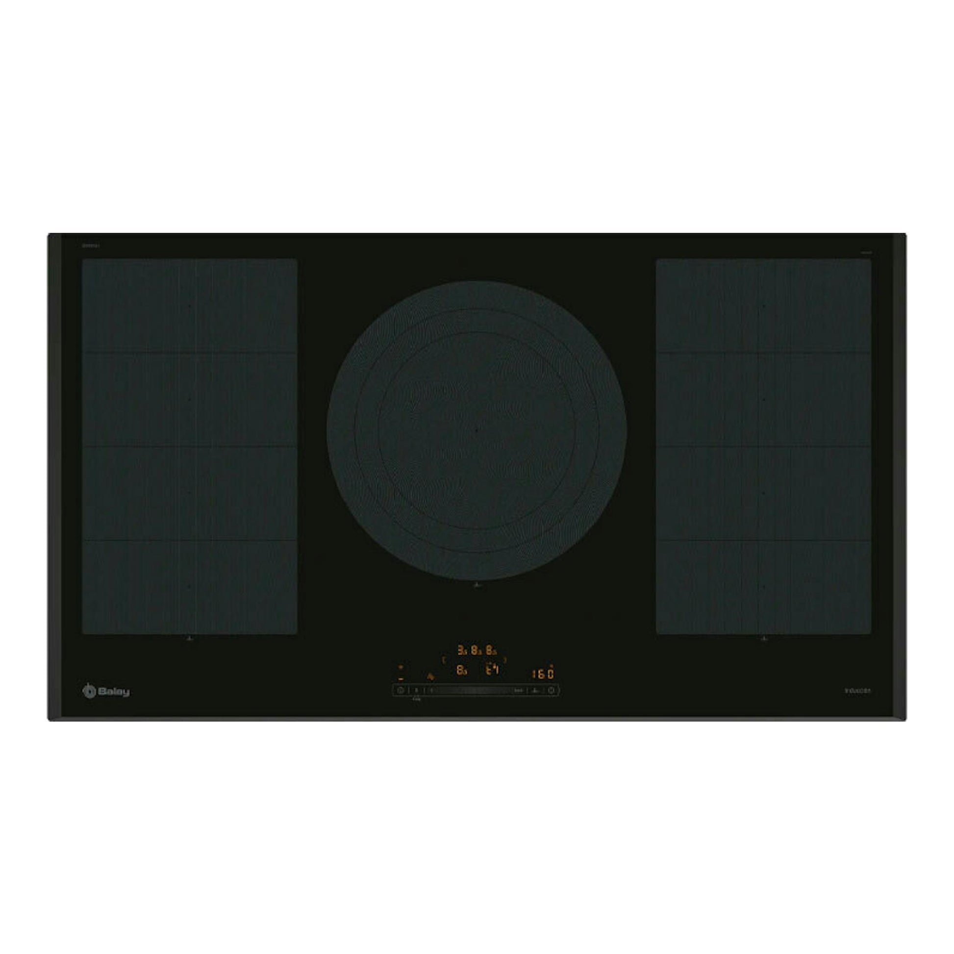 Placa de inducción Balay 3EB999LH negra, vista frontal, con tres zonas de cocción y panel táctil central.