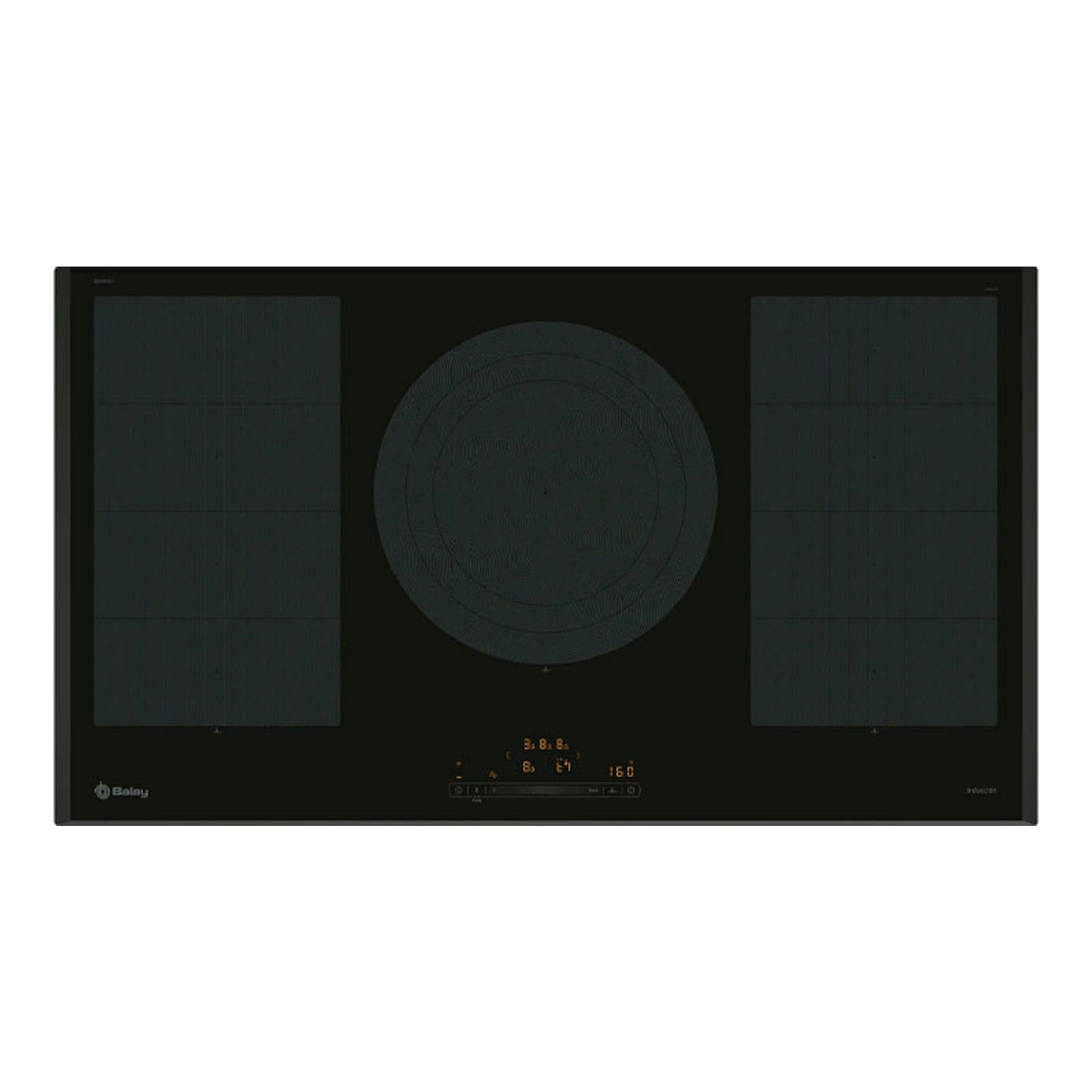 Placa de inducción Balay 3EB999LH negra, vista frontal, con tres zonas de cocción y panel táctil central.