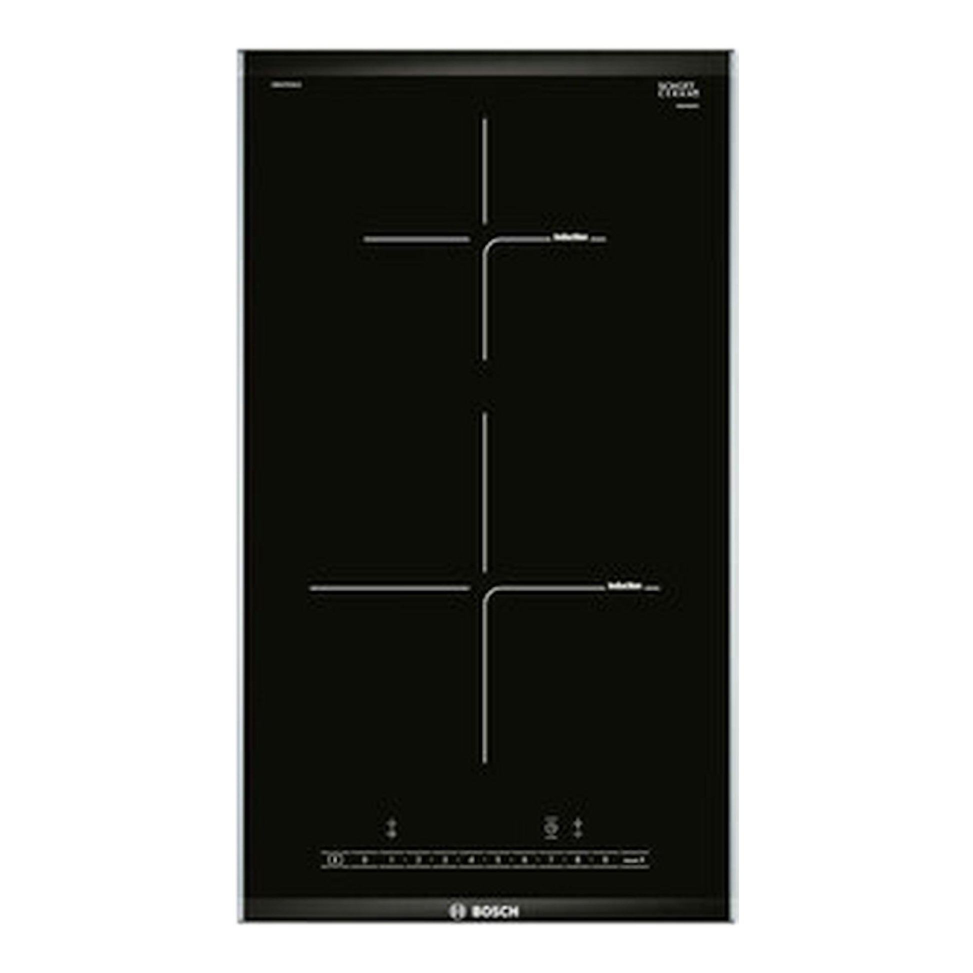 Placa de inducción Bosch PIB375FB1E negra, vista frontal vertical, de 30 cm.