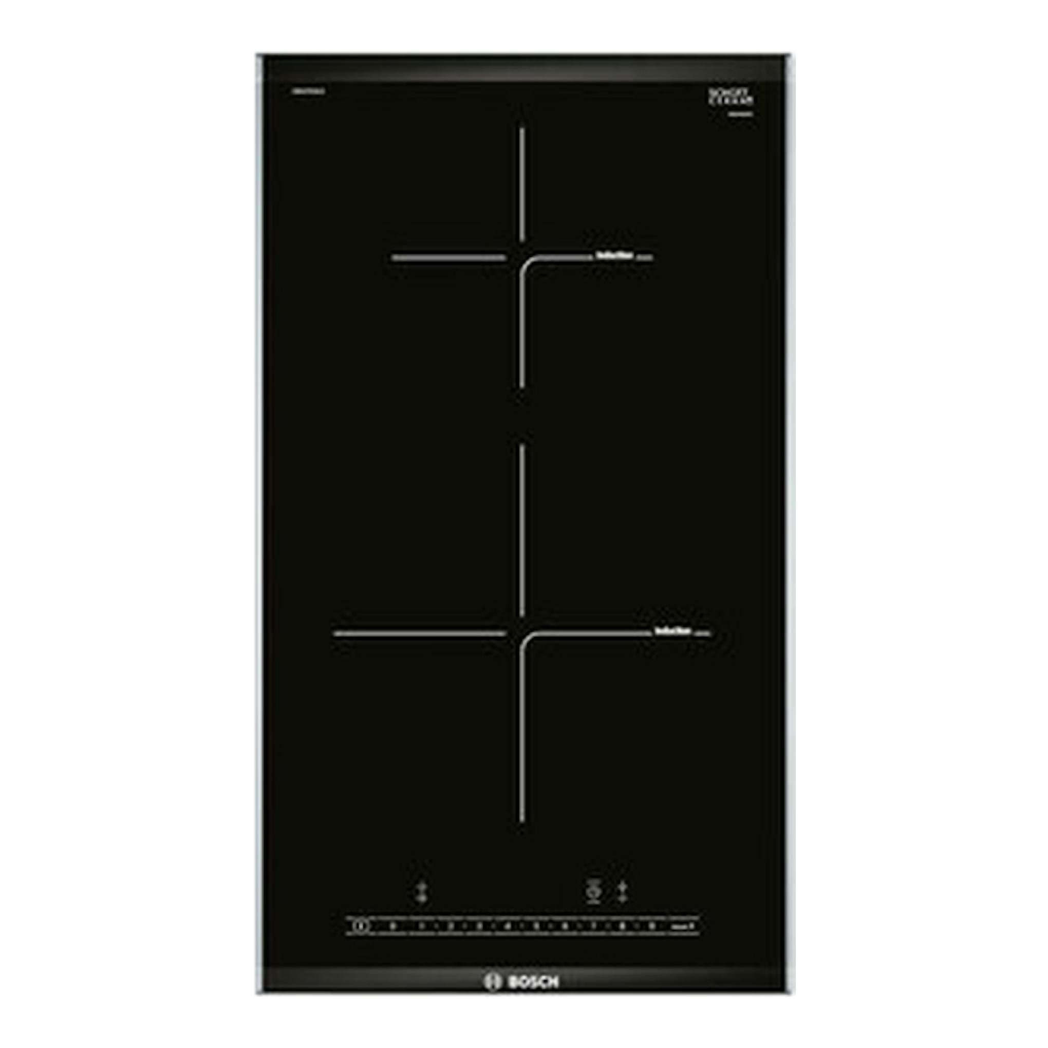 Placa de inducción Bosch PIB375FB1E negra, vista frontal vertical, de 30 cm.
