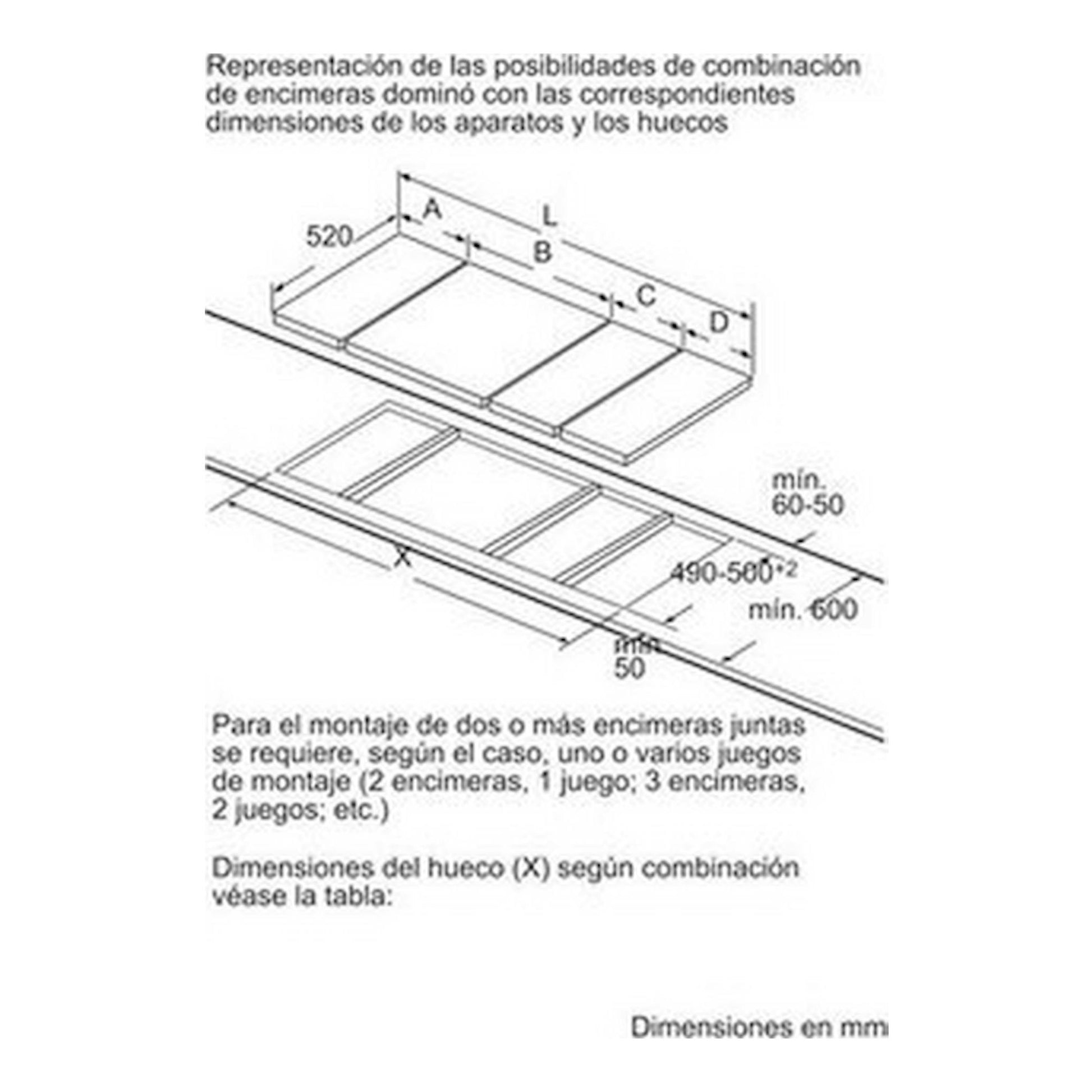 Esquema técnico de instalación de placa inducción Bosch PIB375FB1E, vista isométrica con medidas en mm.