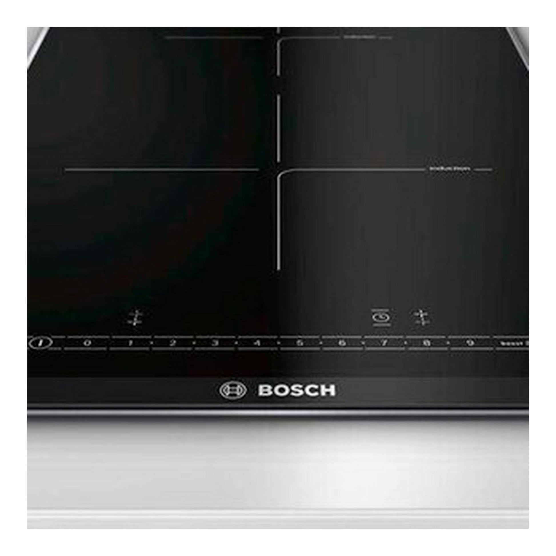 Placa de inducción Bosch PIB375FB1E negra, vista frontal, con dos zonas de cocción.