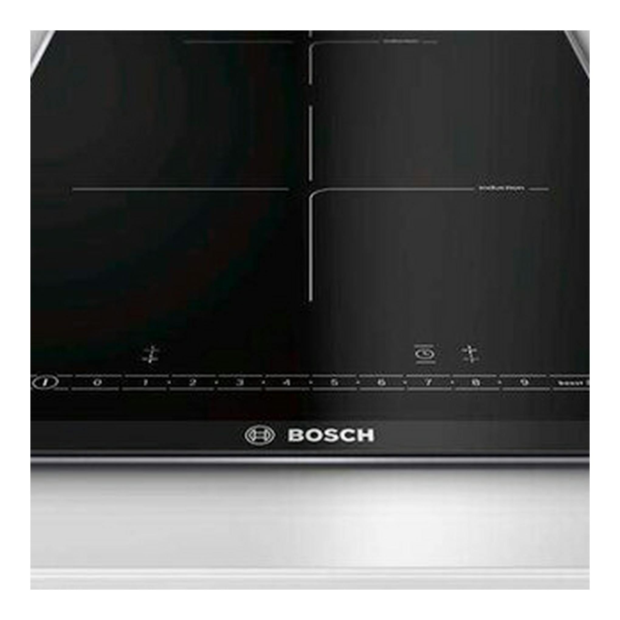 Placa de inducción Bosch PIB375FB1E negra, vista frontal, con dos zonas de cocción.