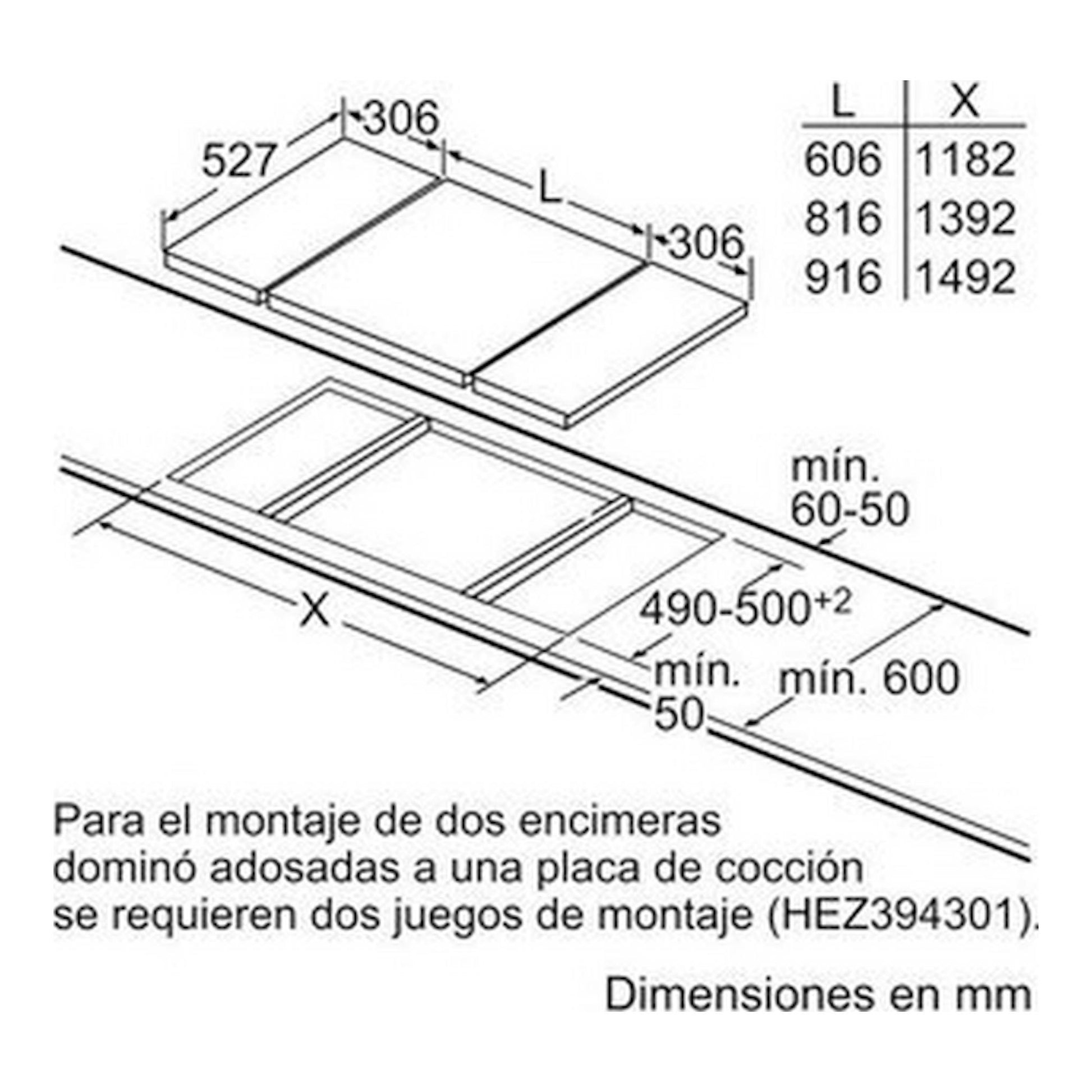 Diagrama técnico de instalación de placa de inducción Bosch PIB375FB1E de 30 cm, vista isométrica con medidas en mm.