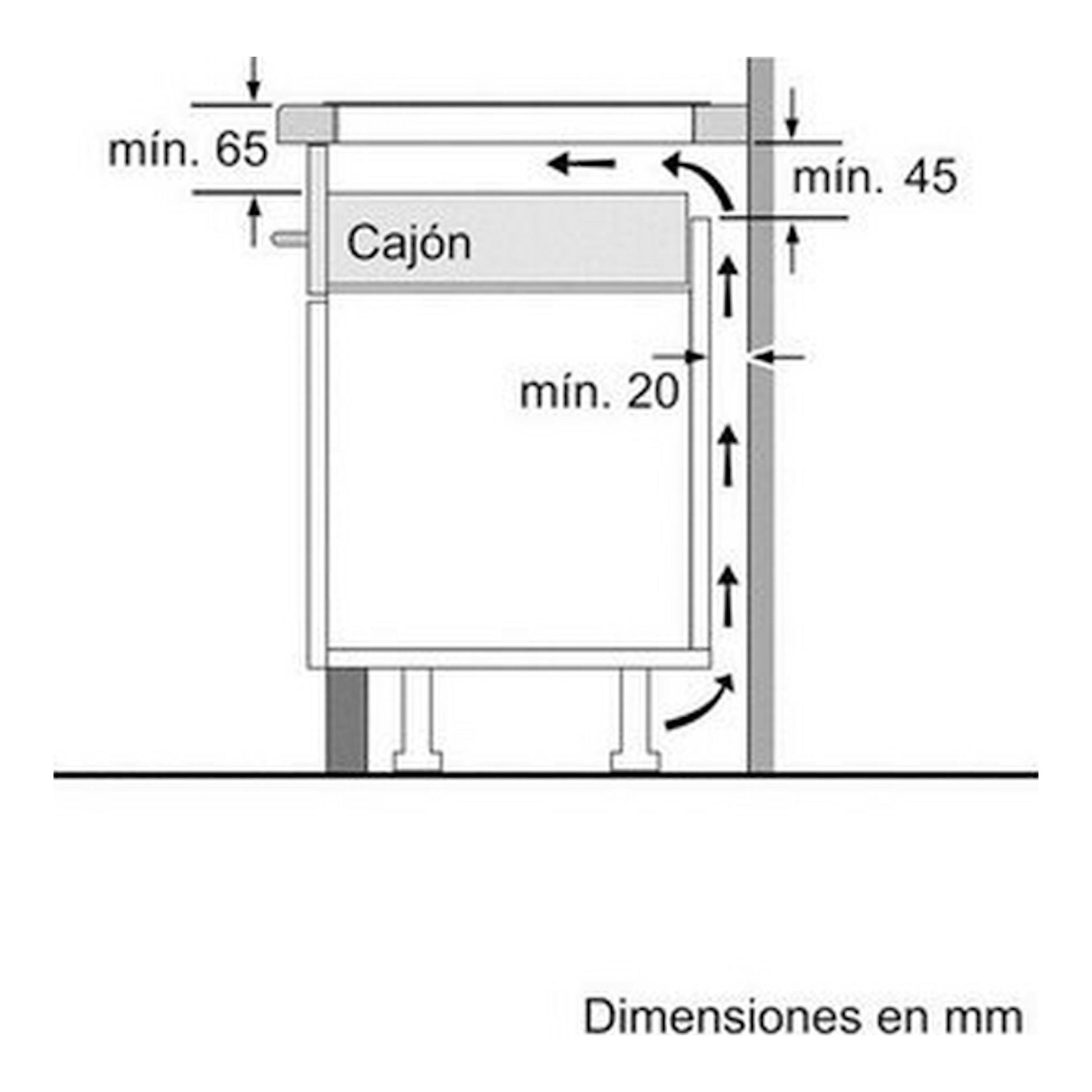 Bosch PIB375FB1E: esquema técnico lateral de instalación de placa de inducción con cajón y medidas mín. 65/45/20 mm.