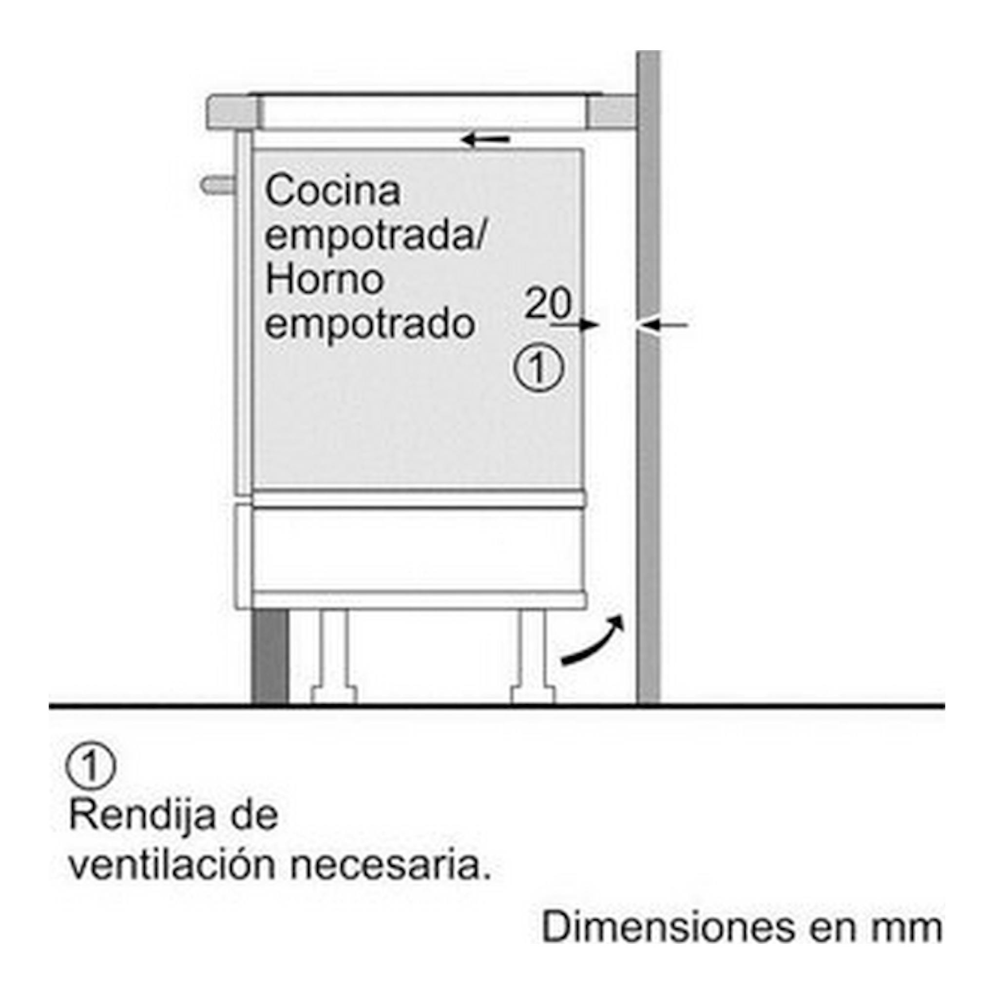 Diagrama en blanco y negro, vista frontal, de cocina/horno empotrado con rendija de ventilación y medidas.